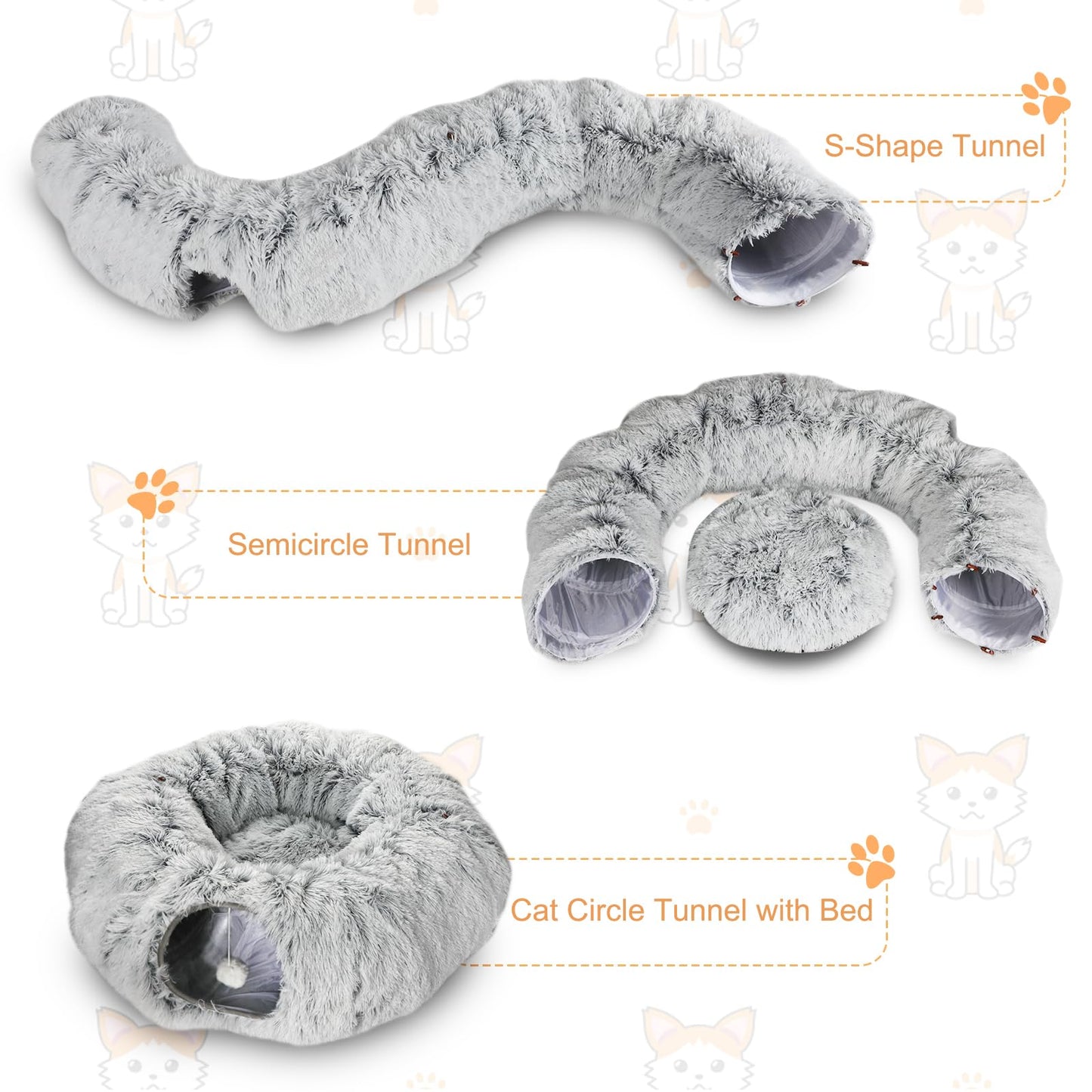 Lonepetu Cat Tunnel Bed for Indoor Cats, Warm Plush Collapsible Cat Donut Tunnel with Central Mat, Fluffy Cat Cave Tube with Hanging Ball for Cat Kitten Rabbit Puppy Ferret