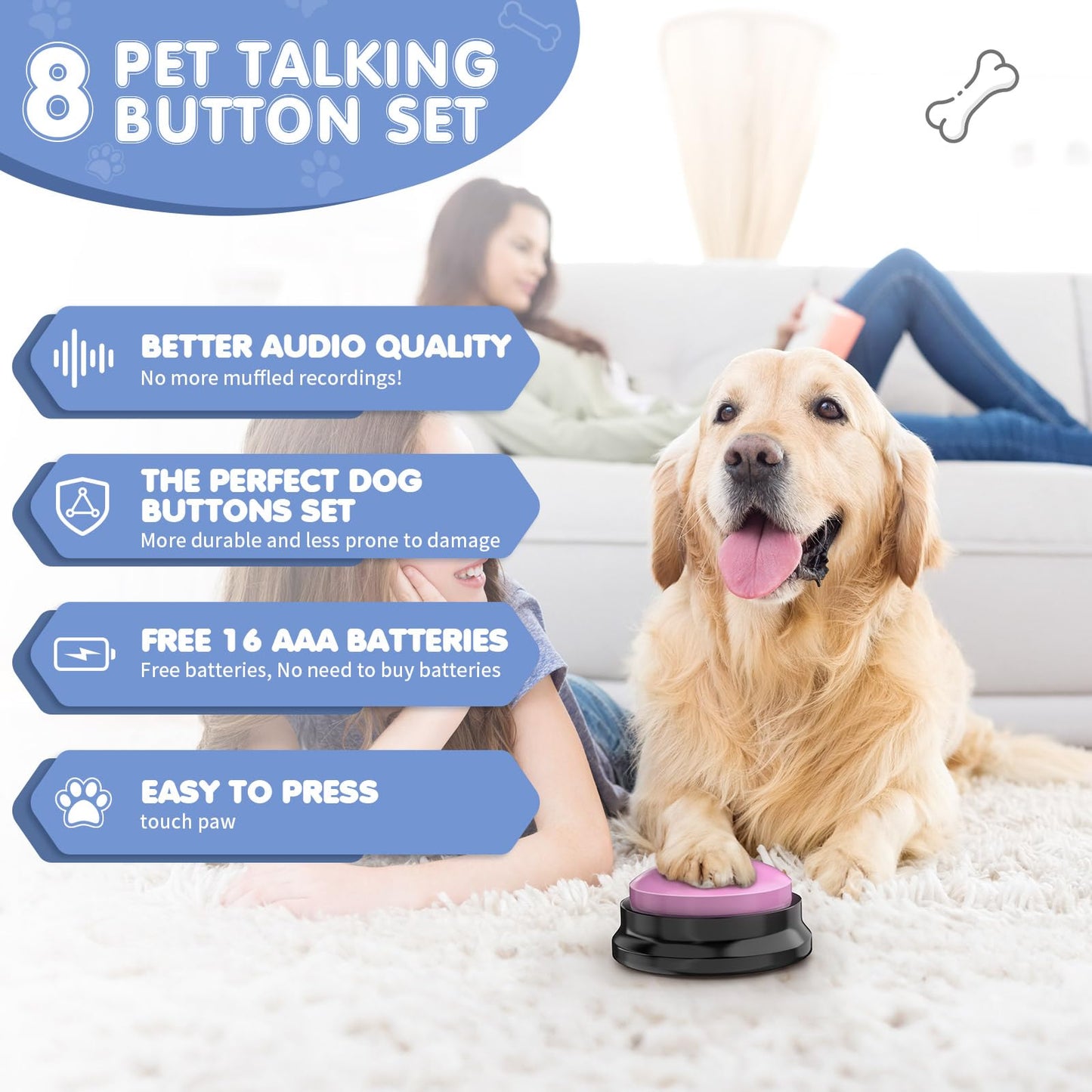 Dog Buttons for Communication,8 PCS 30s Recordable Voice Pet Training Button,with Training Manual Book+16 AAA Batteries+24 Scene Modes+1Dog Button Mat (Dog Buttons for Communication)