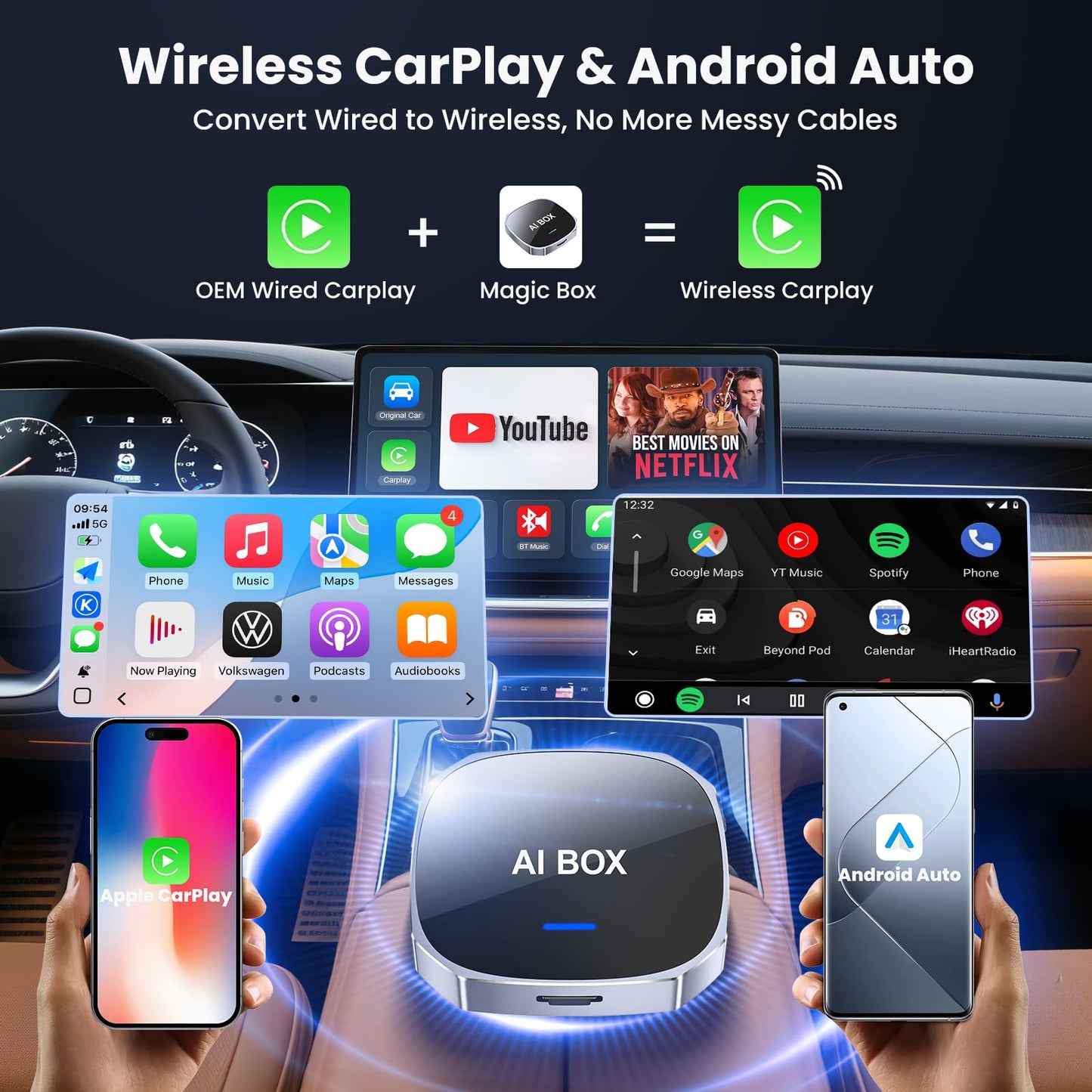 2-in-1 Wireless Apple CarPlay&Android Auto Adapter 2025, Magic AI Box Streaming Dongle Support Netflix/YouTube, Plug&Play, Car Play Wireless Adapter, Only Fit for Cars with Wired CarPlay/Android Auto