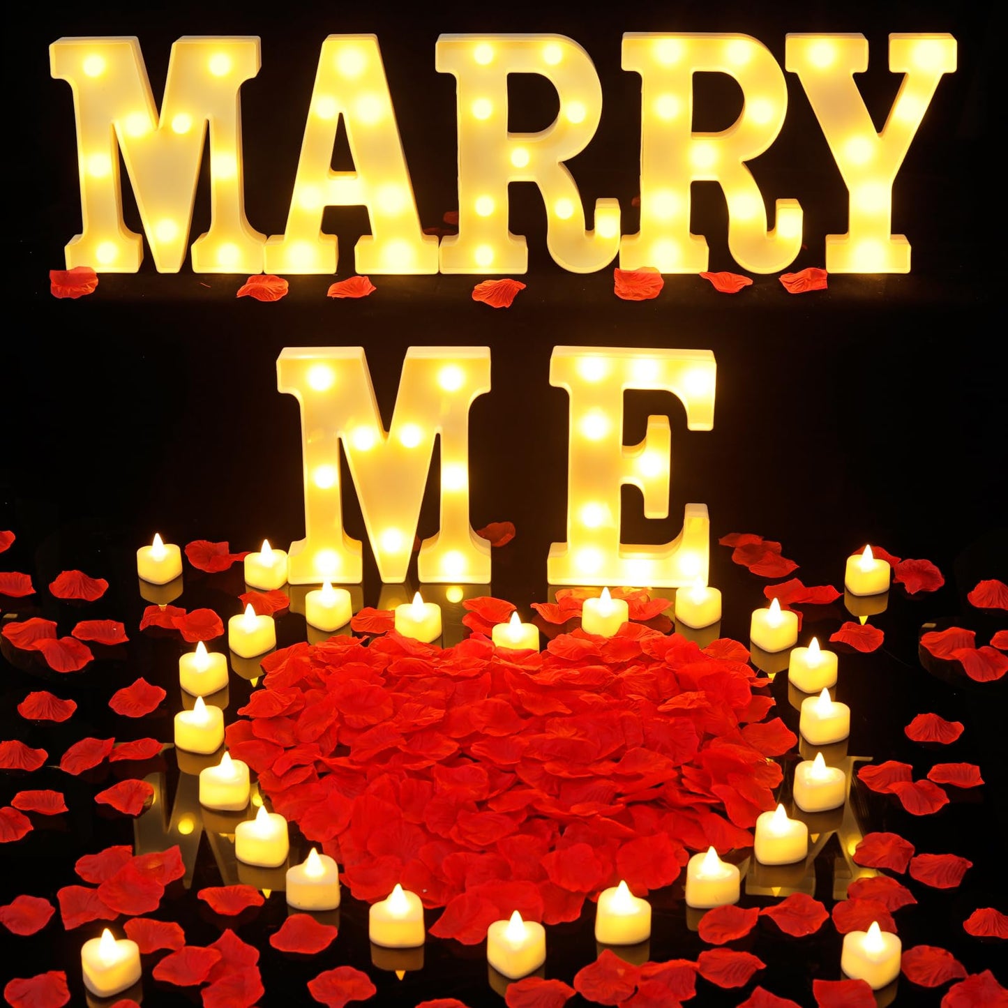 2031 Pcs Marry Me Light Up Letters Proposal Decorations, Marry Me Sign with 24 Pcs Heart Flameless Candles 2000 Pcs Rose Petals for Valentine's Day Wedding Proposal Romantic Night Decor