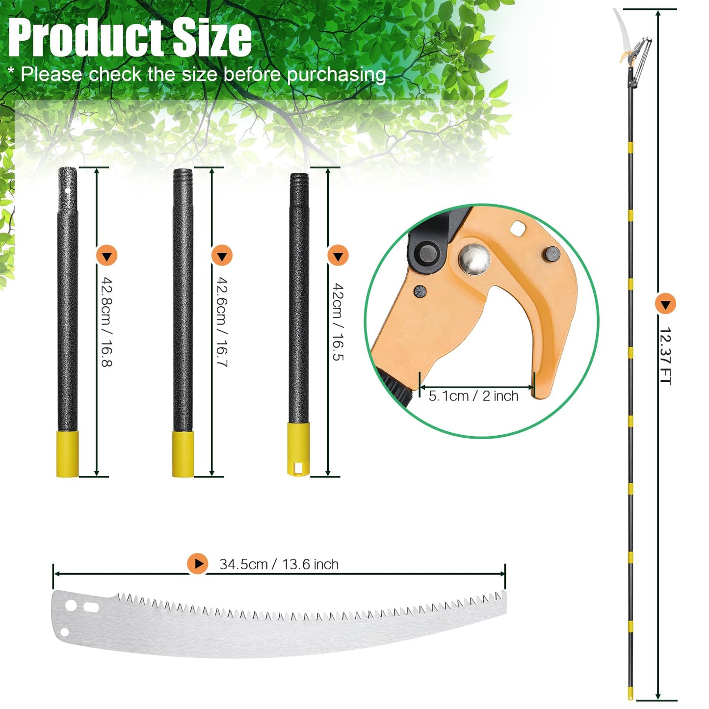 Pruning Pole Saws for Tree Trimming 12 Ft, Manual Tree Trimmer Long Handle Pruner, Tree Pruner with Extendable Pole, Trimmer Pole Saw Tree Pruner with Sharp Steel Blade for High Branches Trimming