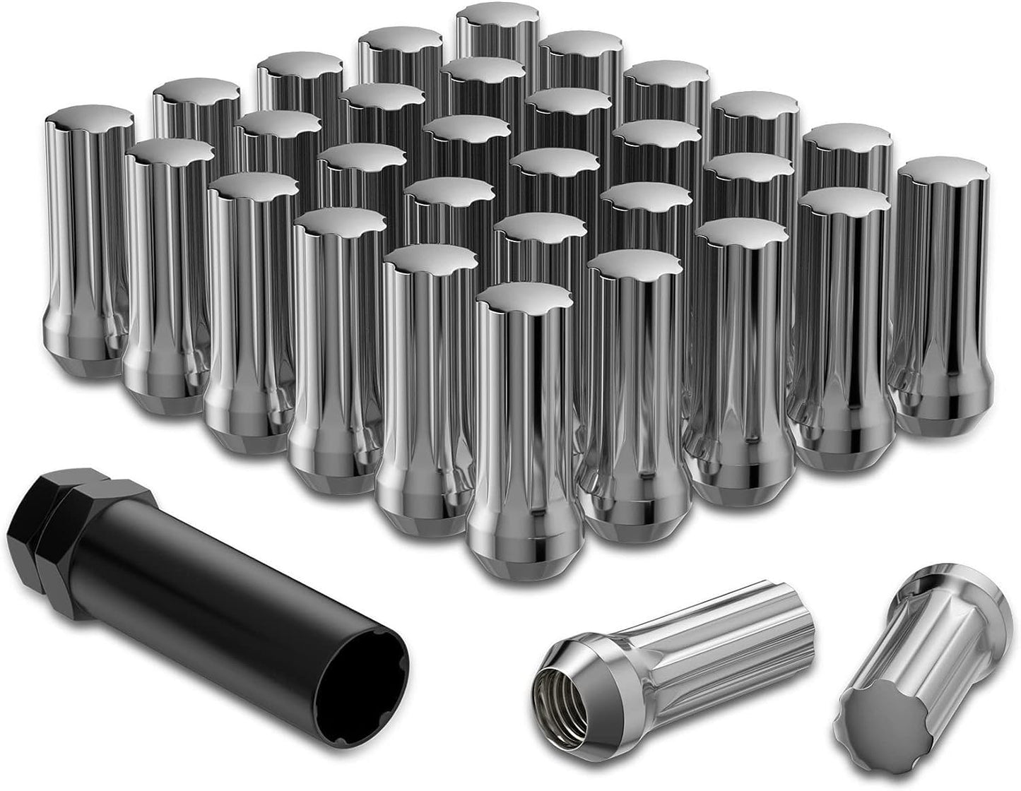9/16x18 Wheel Lug Nuts, 32x Chrome 9/16x18 Lug Nut, Closed End Long Extended XL Spline, Conical/Cone Bulge Seat, with 1 Socket Key for Ram 2500/3500 F250/350 C20/30 K20/30 8 Lug Aftermarket Wheels