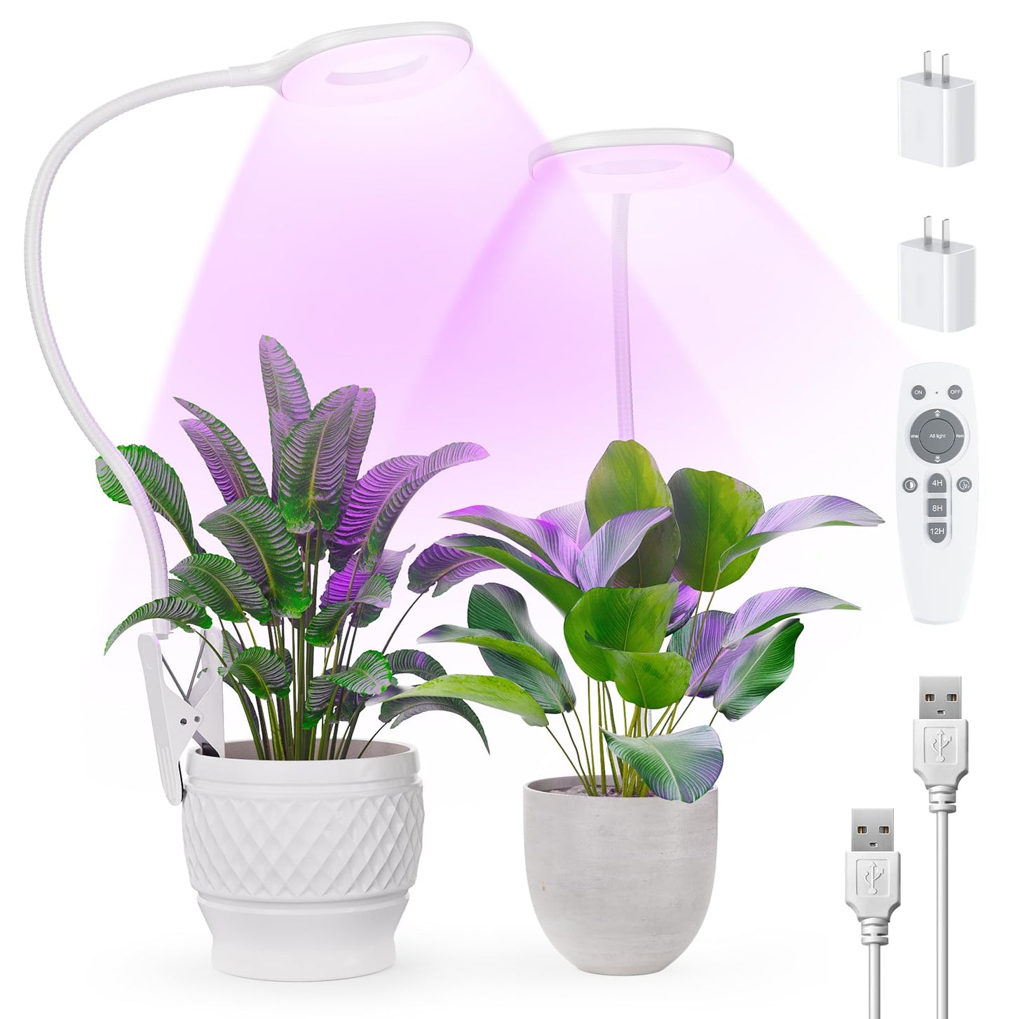 POBOMVOM Grow Lights for Indoor Plants Full Spectrum, Clip On LED Plant Light, Plant Growing Lamp with 4/8/12H Timer, 3 Light Modes, 10 Dimmable Levels, Adjustable Gooseneck, Remote Control, 2-Pack