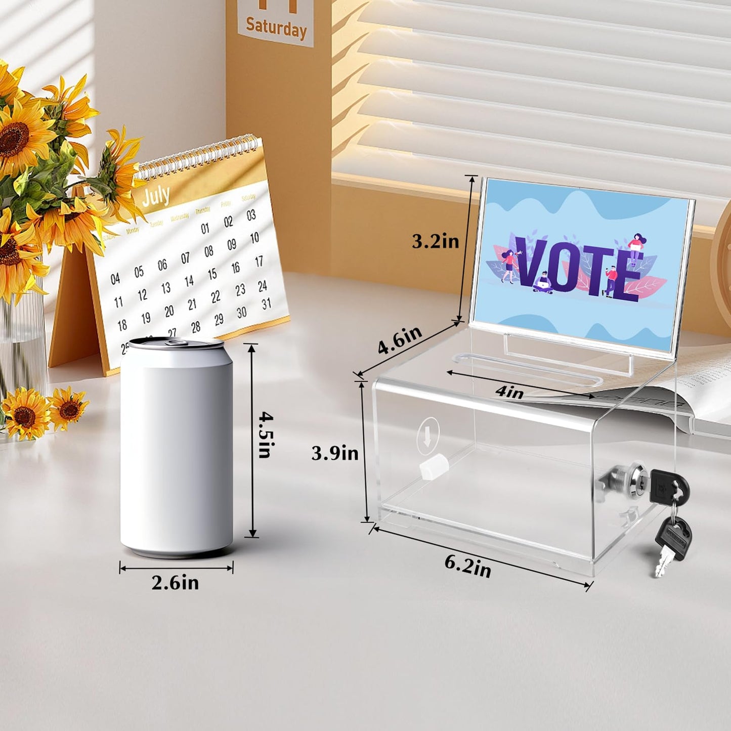 VOISEN Clear Donation Box with Lock,2 Pack Ballot Box with Sign Holder, 6.2x4.6x3.9 Inch