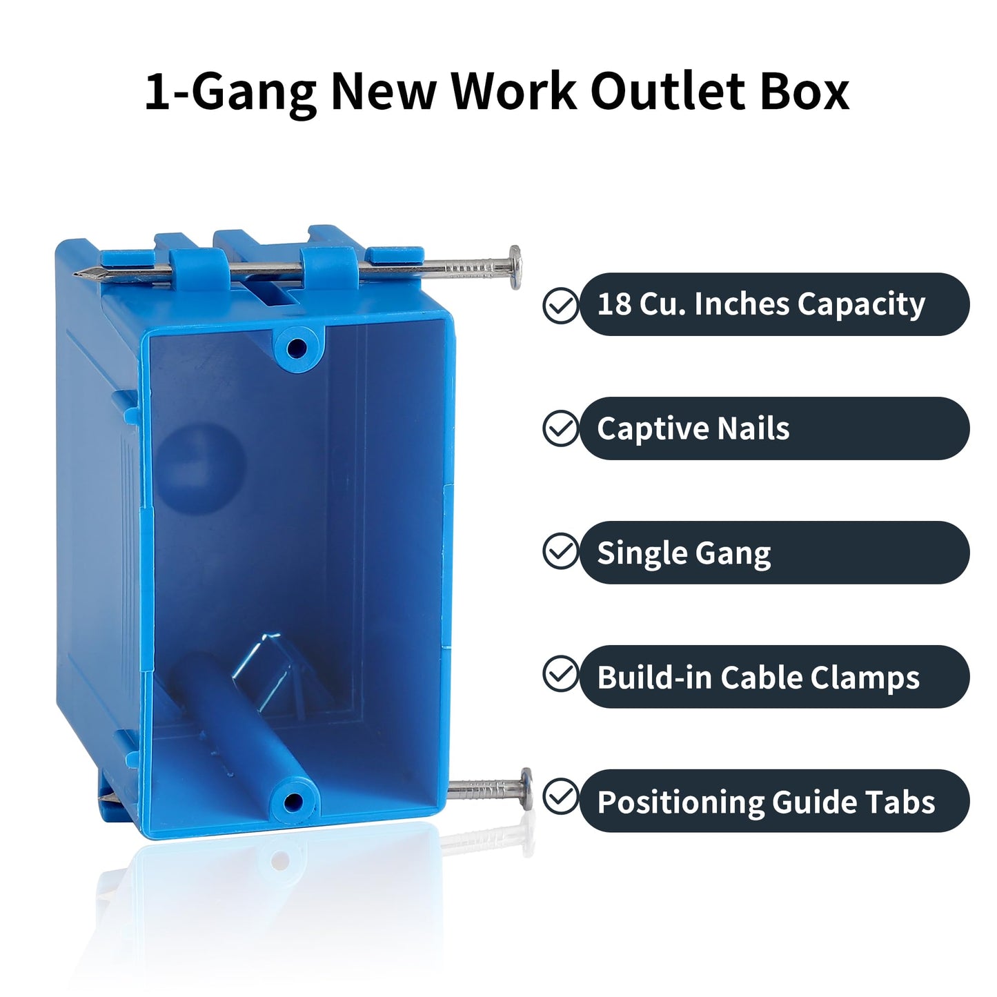10-Pack Single Gang Electrical Box, New Work Box 1 Gang with Nail, 18 cu. in, Blue Switch & Outlet PVC Wall Electrical Junction Box for Residential Commercial Buildings Job Applications