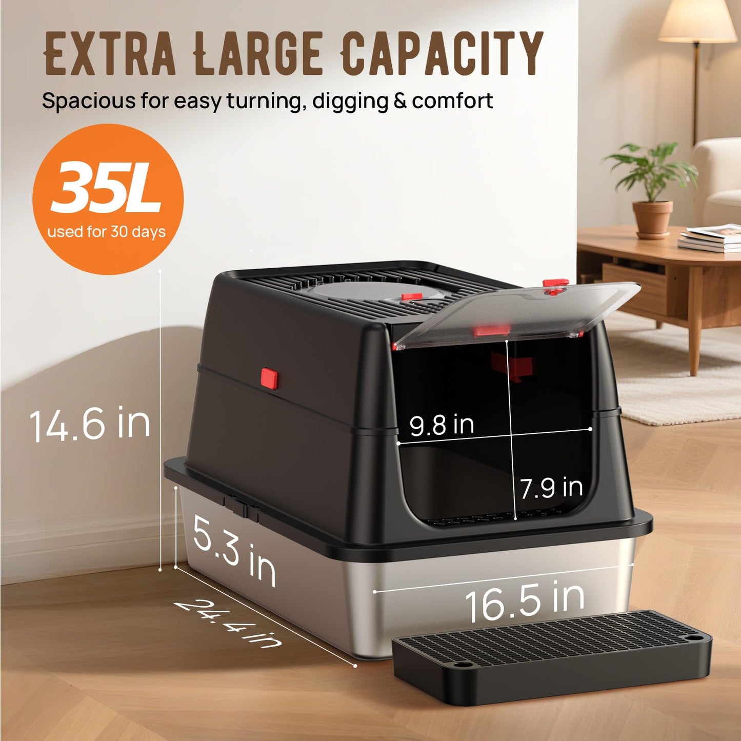 Stainless Steel Litter Box with Lid, SUS304 Metal Cat Litter Boxes, Enclosed Extra Large Kitty LitterBox High Wall, Jumbo Cat Toilet Odor Control, Spacious, DurableNon-Sticky Christmas gifts(XL Black)