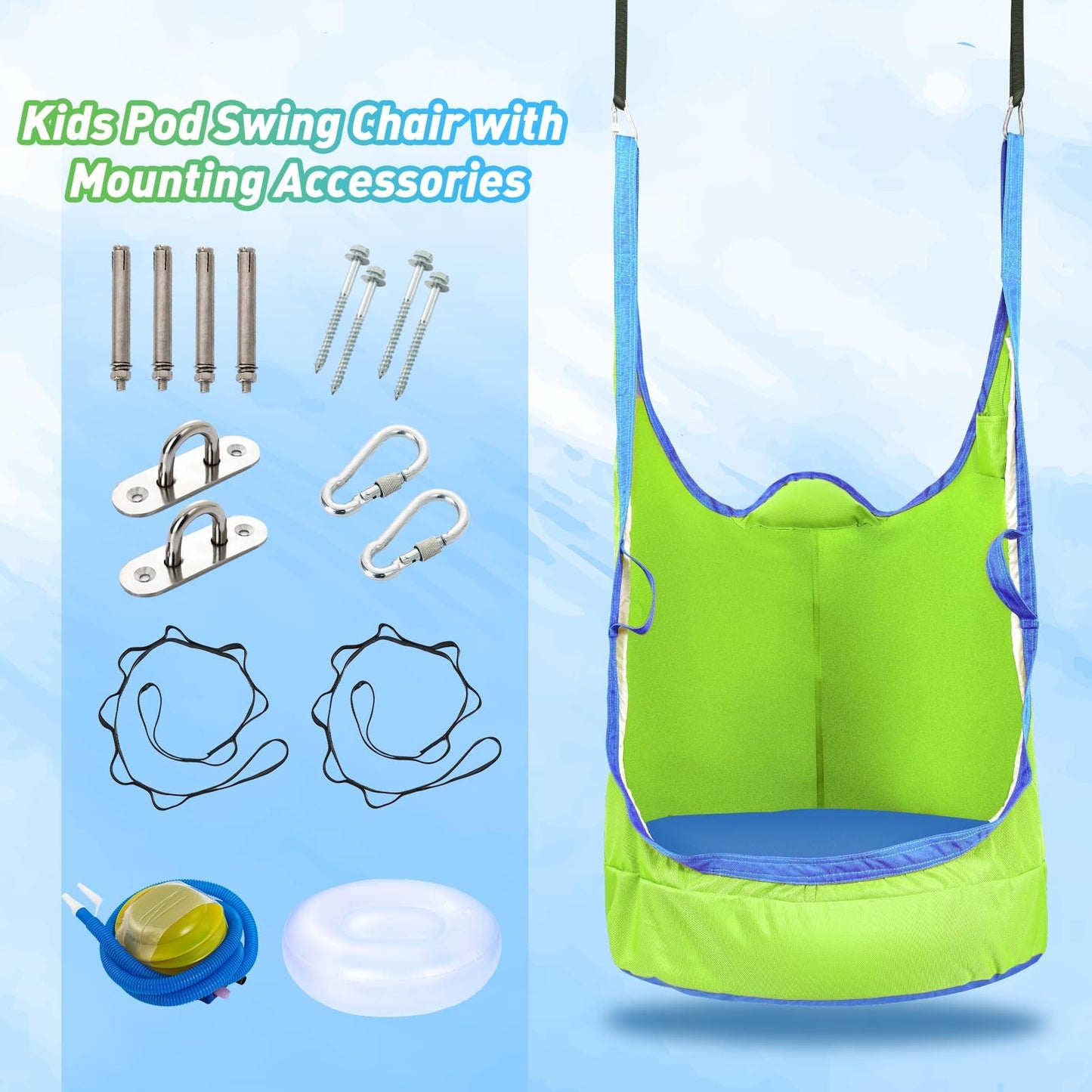 Upgraded Kids Pod Swing Chair,Light up Child Hanging Hammock Chair,Pod Swing Seat for Indoor and Outdoor with All Accessories(Green)