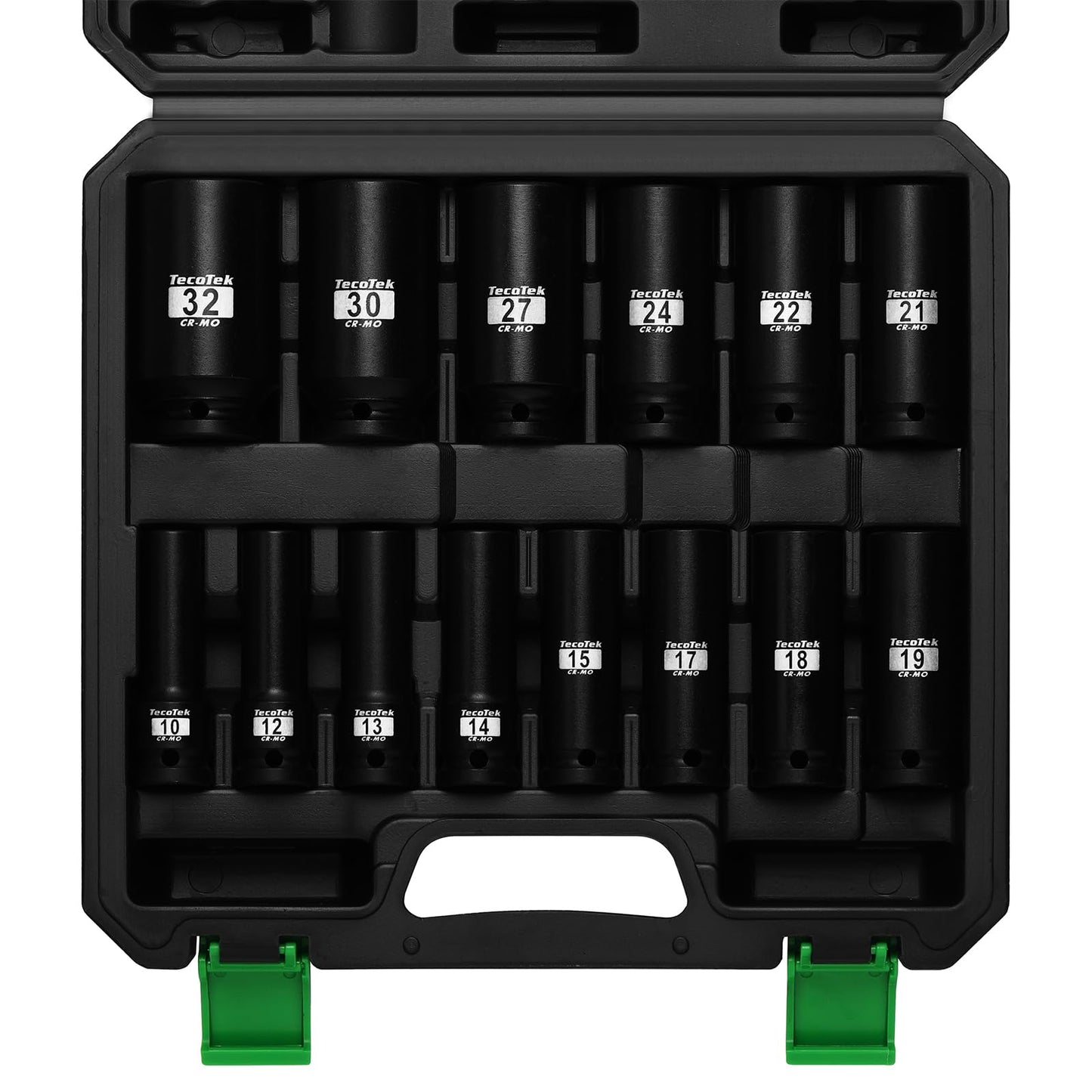TecoTek 14PCS 1/2" Deep Drive Impact Socket Set, 6-Point, Metric (10mm-32mm), CR-MO Steel, with a Storage Case