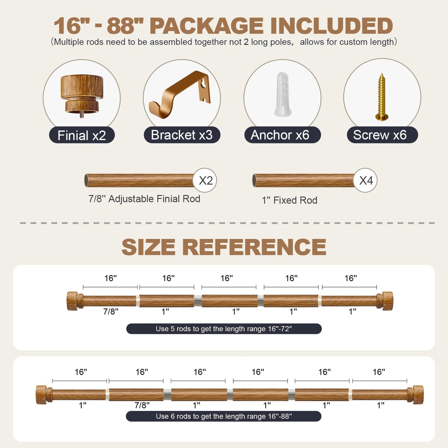 Lootkell Wood Curtain Rods for Windows 48 to 84 Inches 1" Diameter Boho Decorative Heavy Duty Long Window Curtain Rod Adjustable with Handmade Wood Grain Design for Living Room Bedroom Kitchen