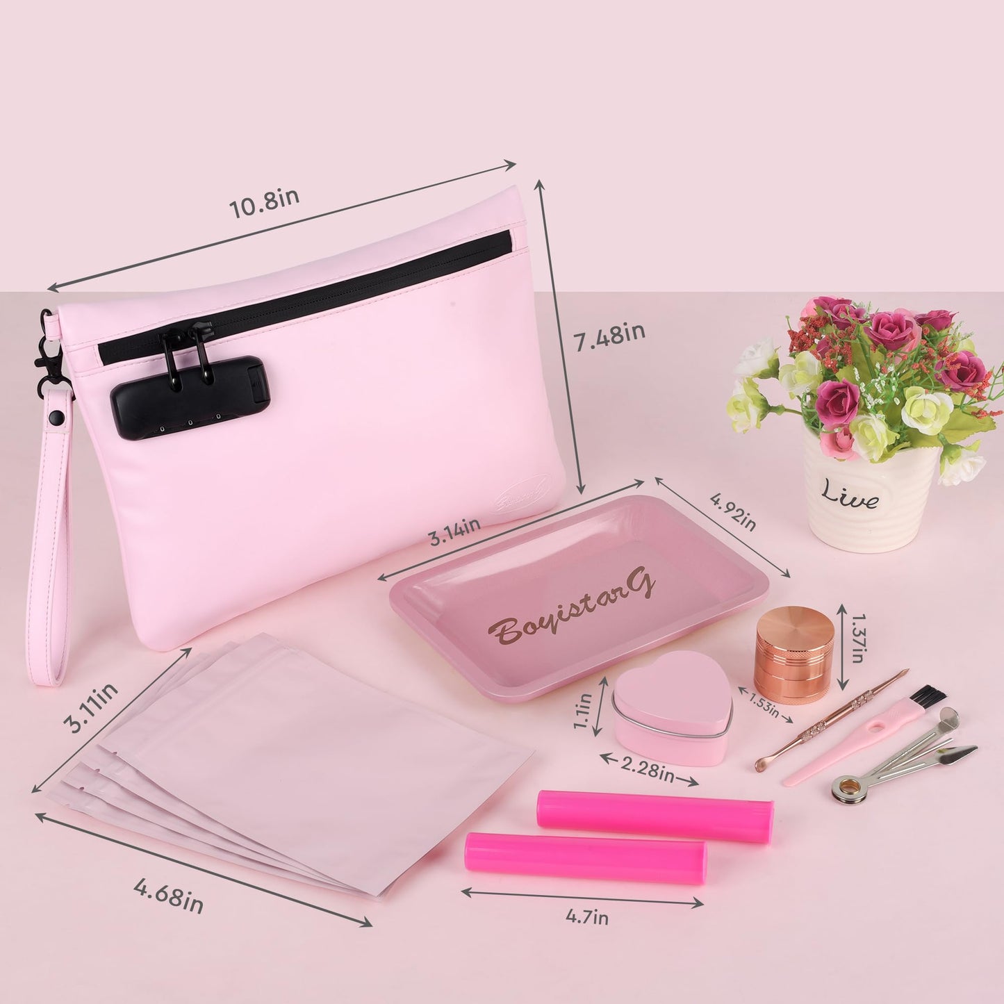 BOYISTARG PU Leather Gift Storage Bags with 8 Items -portable Travel Pouch with Combination Lock – Waterproof Airtight Zippers Bag with Activated Carbon Lining Travel Storage Case for Women -Pink