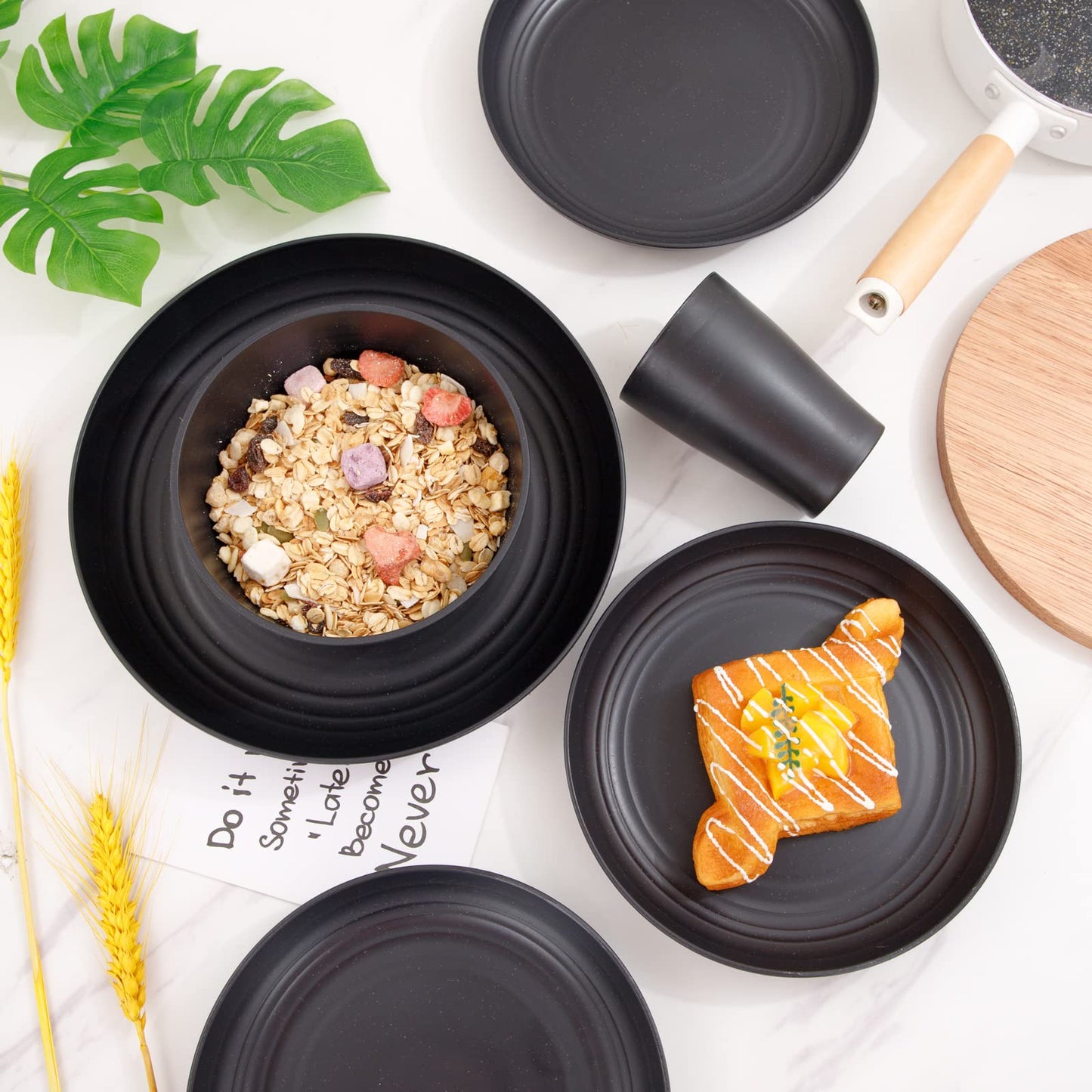 Supernal Wheat Straw Dinnerware Sets,Unbreakable Dinner Plates for 8, Dishwasher Safe,Reusable Dinnerware,Black Set 16pcs Plates, 8pcs Bowls, 8pcs Cups,Perfect for Party Birthday and Wedding