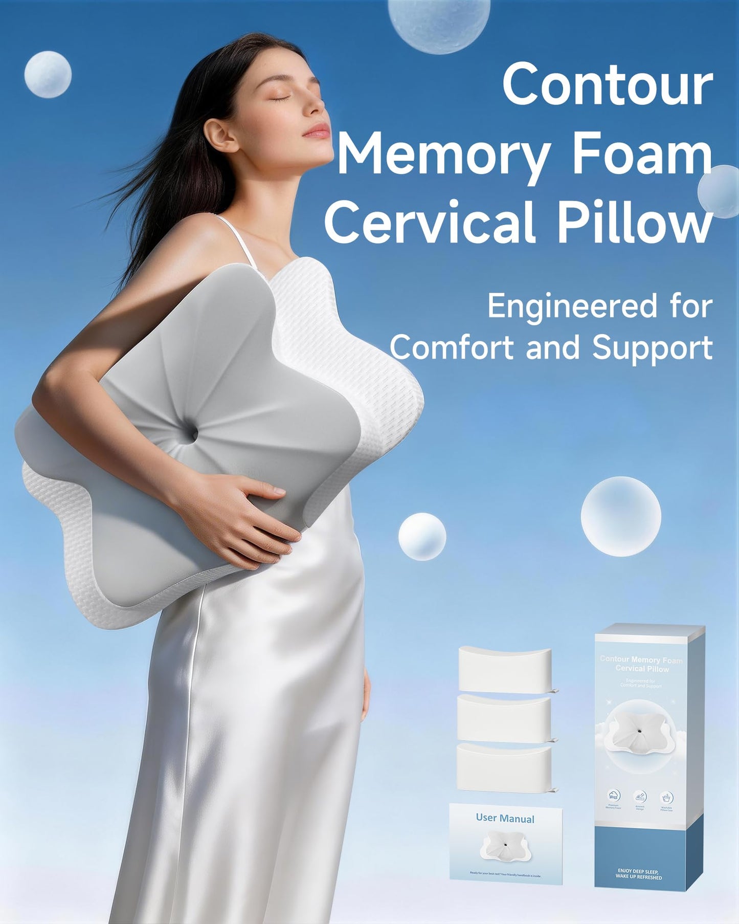 Aeemrn Memory Foam Pillow, Cervical Neck Pillow for Neck Pain 2in1, 3-Level Adjustable Firmness, Ergonomic Neck Support for Side & Back Sleepers, Breathable Contour Pillow with Armrest Zones