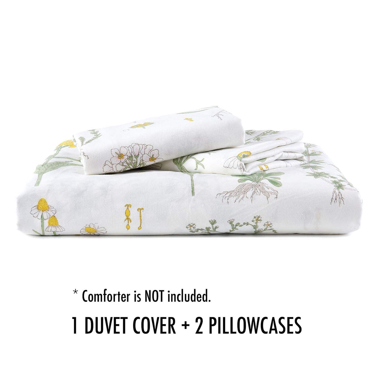 Wake In Cloud - Botanical Duvet Cover Set Twin/Twin XL, 100% Cotton Bedding, Yellow Flowers and Green Leaves Floral Garden Pattern Printed on Off White (3pcs, Twin/Twin XL Size)