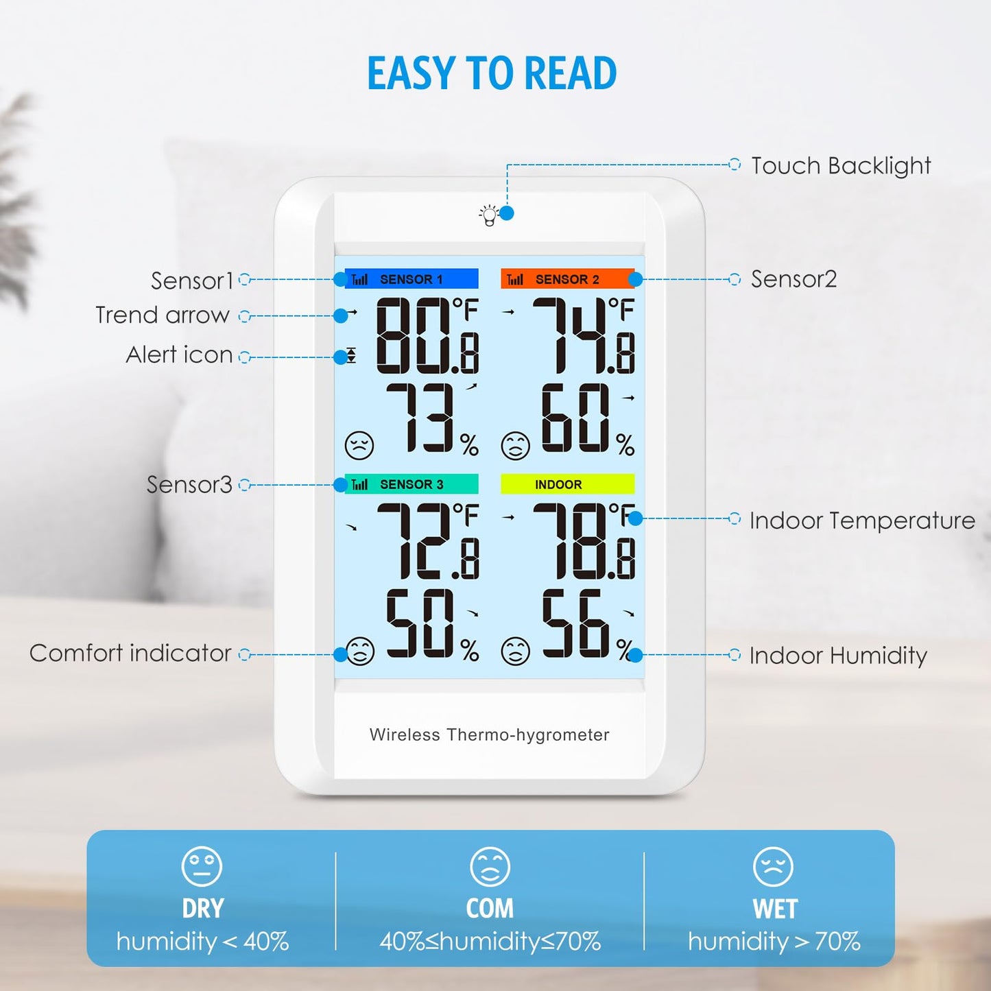 AMIR Digital Weather Station, Digital Hygrometer Thermometer with 4in Large Screen Clear Backlight, Indoor Outdoor Thermometer with with 3 Remote Sensors, Thermometer Humidity for Home Patio(White)