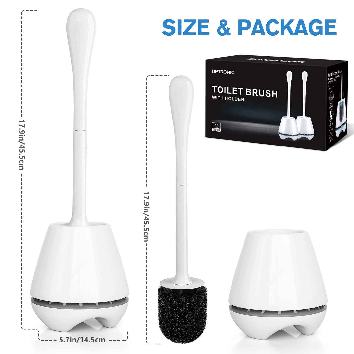 uptronic Toilet Brush and Holder 2 Pack, Toilet Brush with Ventilated Holder, Toilet Bowl Brush with Long and Large Handle for Bathroom-Toilet-Cleaning-Bristles-Comfortable