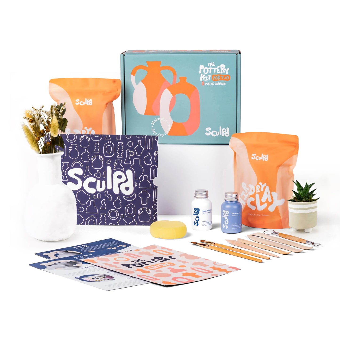 Sculpd - The Original Pottery Kit - Complete Air Dry Clay Kit for Adults includes Sculpting Tools, Varnish, Paint Brushes, Guides, Arts & Crafts Sets, Matte Varnish
