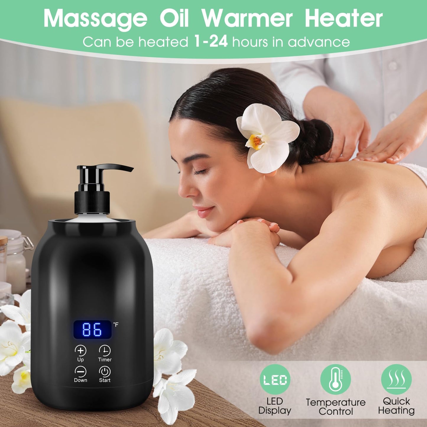 Gugxiom Massage Oil Warmer, LED Display Single Bottle Pro Massage Heater, Temperature Control Oil Warmer for Massage with 2 Oil Bottles, for Lotion Cream (US Plug)