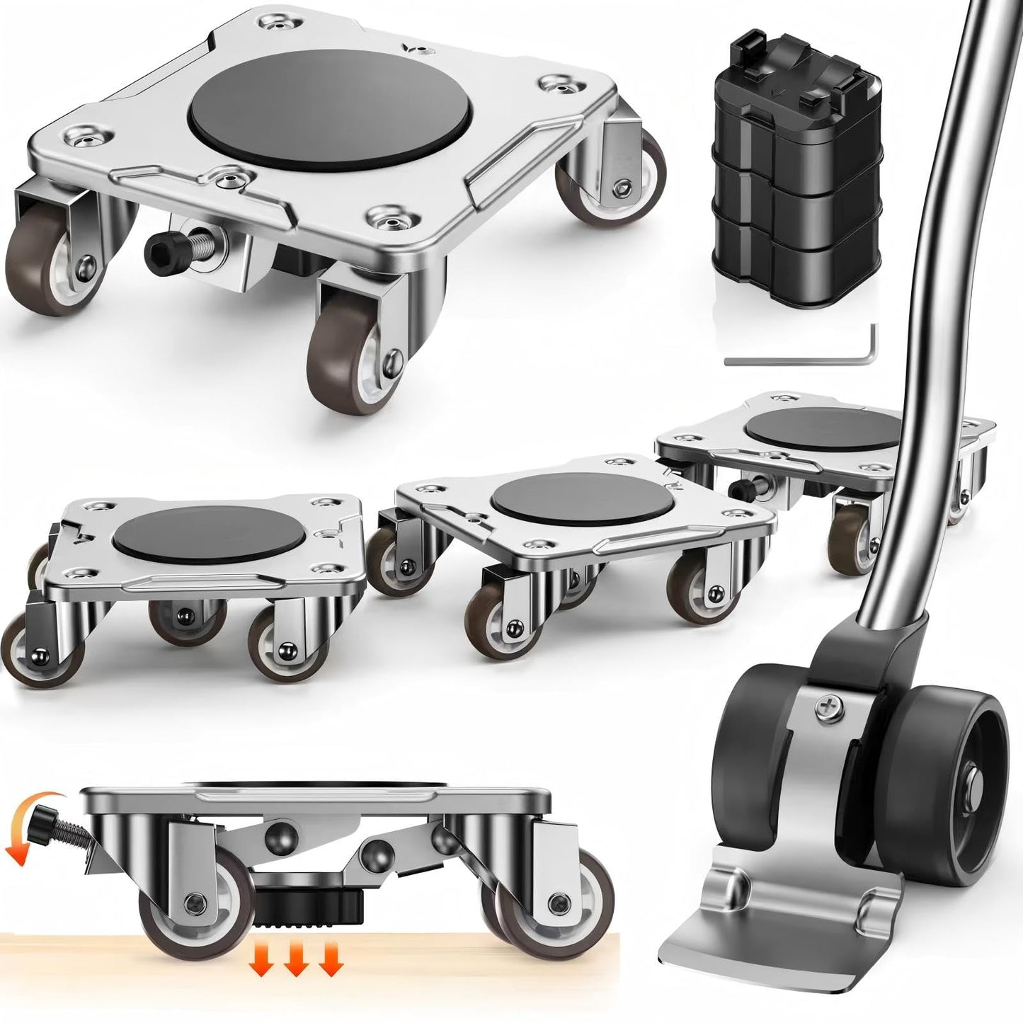 WOUOW Furniture Movers with Wheels and Parking Function, Heavy Duty Furniture Dolly with Lifter for Heavy Items, 360° Rotatable Rubber Wheels, Max Load 1100LBS, Stable Long-Term Placement