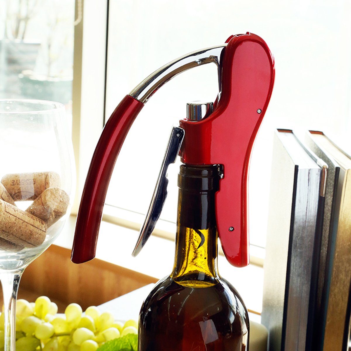 Best Utensils Professional Zinc Alloy Power Wine Opener Corkscrew Built-in Foil Cutter Premium Vertical Lever Corkscrew Waiter Wine Opener Kit Bottle Opener, Red