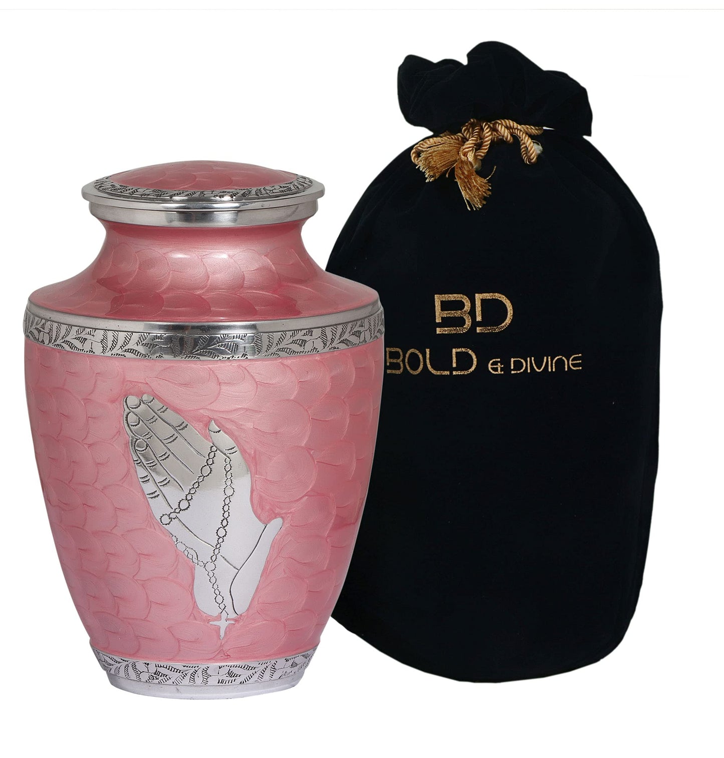 BOLD & DIVINE™ Modern Pearl Pink Cremation Urn |Human Ashes Adult Memorial urn, Burial, Funeral Cremation Urns | 200 Cubic Inches (Praying Hands)