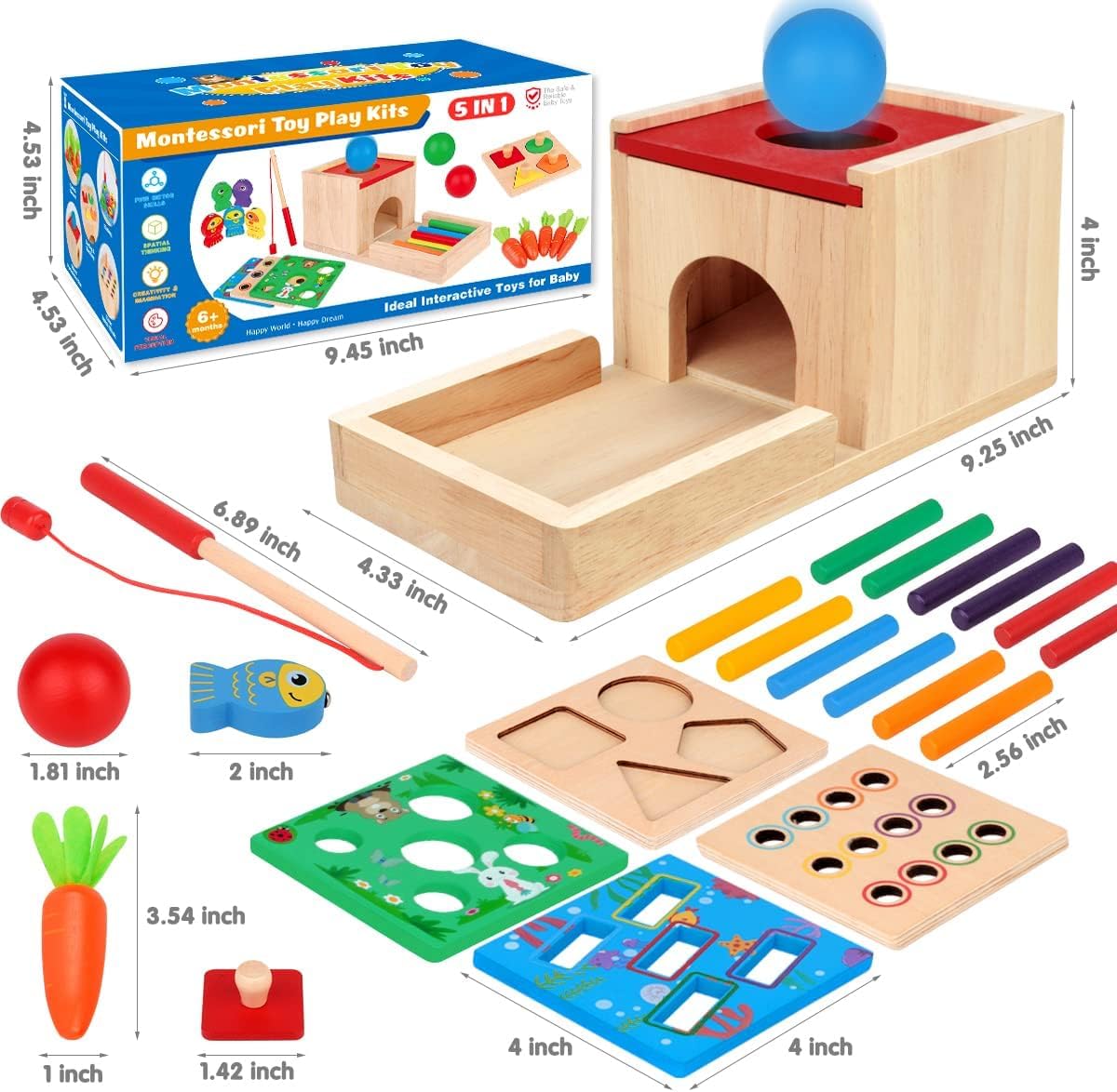 Montessori Toys for 1 2 3 Year Old: 5 in 1 Wooden Toys Kit Includes Object Permanence Box with Ball Drop Toy Shape Sorter & Other Educational Toys for Babies 6-12 Months