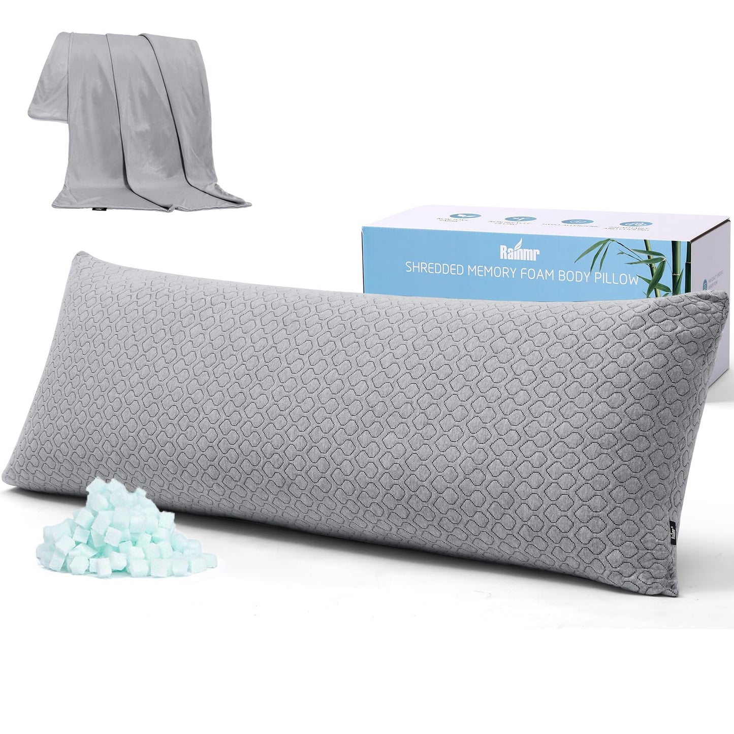 Shredded Memory Foam Full Body Pillow – Cooling Huggable Long Pillow for Body Relief - with Soft Zippered Washable Cover,20 x 54 inches - Grey
