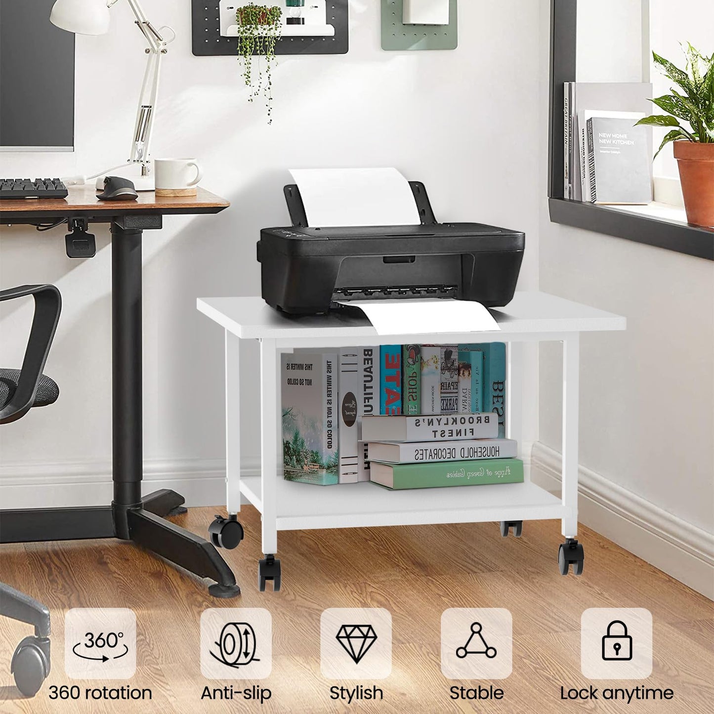 Printer Stand with Storage Under Desk Shelf, Desktop Printer Stand Organizer, Rolling Printer Cart Storage Paper Files Holder for Desk, Office, Home (White)