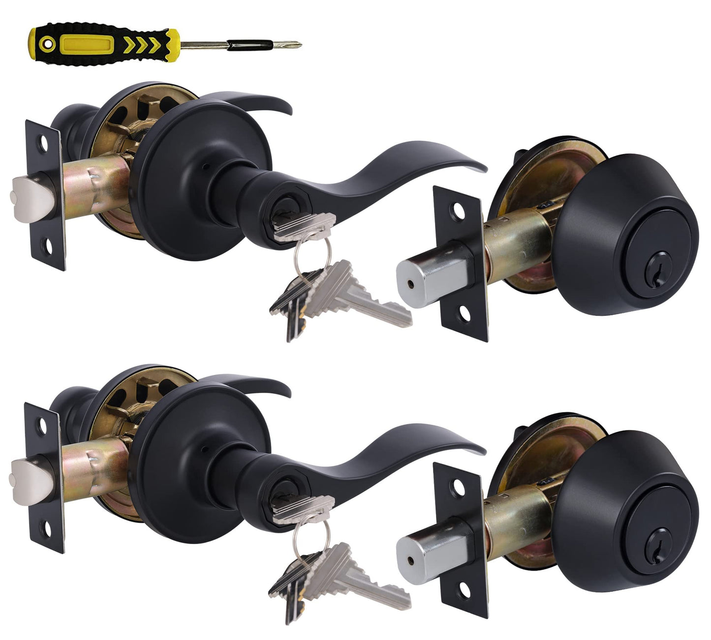 Lanwandeng Keyed Alike Front Door Lever Lockset with Single Cylinder Deadbolt Combination Set, All Keyed Same Exterior Door Handle with Lock and Deadbolt,Matte Finished, 2Sets