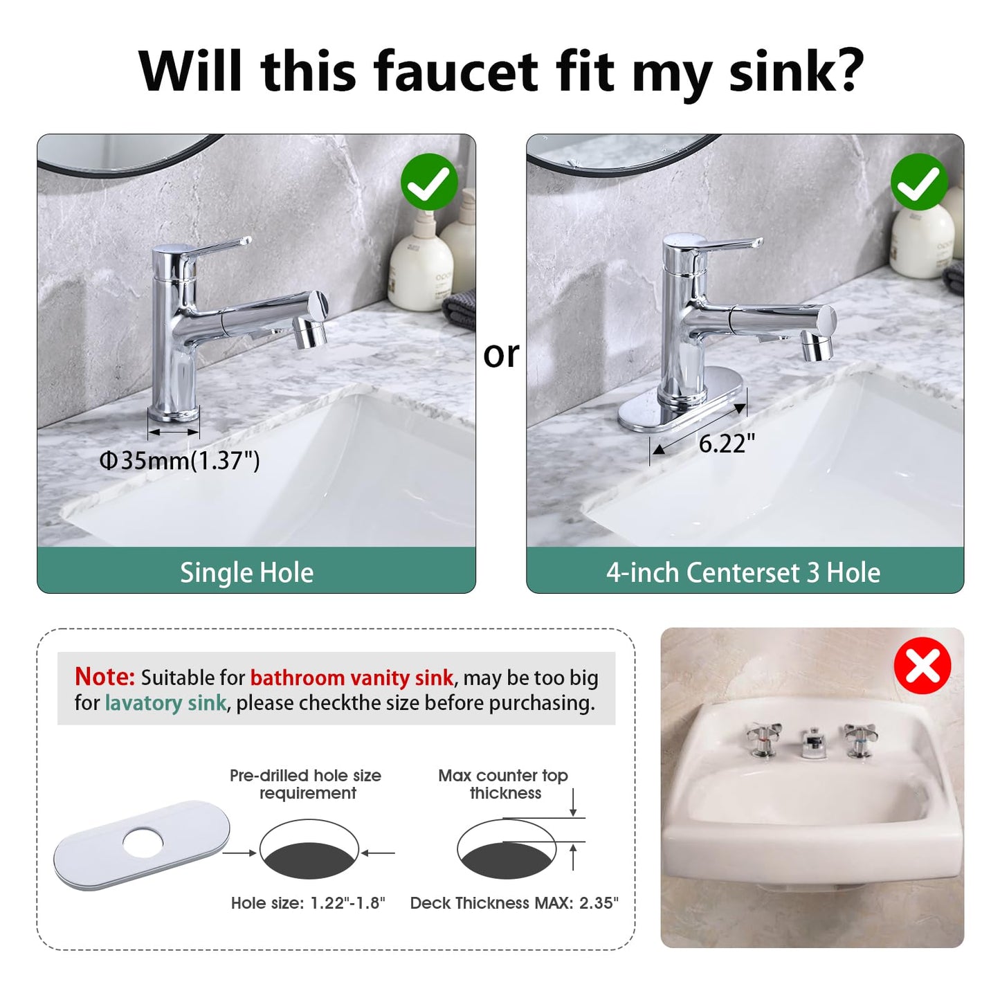 Besfelos Bathroom Sink Faucet with Pull Out Sprayer, Single Handle Modern Bathroom Basin Faucet with Pop-up Sink Drain Stopper & Deck Plate 1 or 4-inch Centerset 3 Hole, Chrome