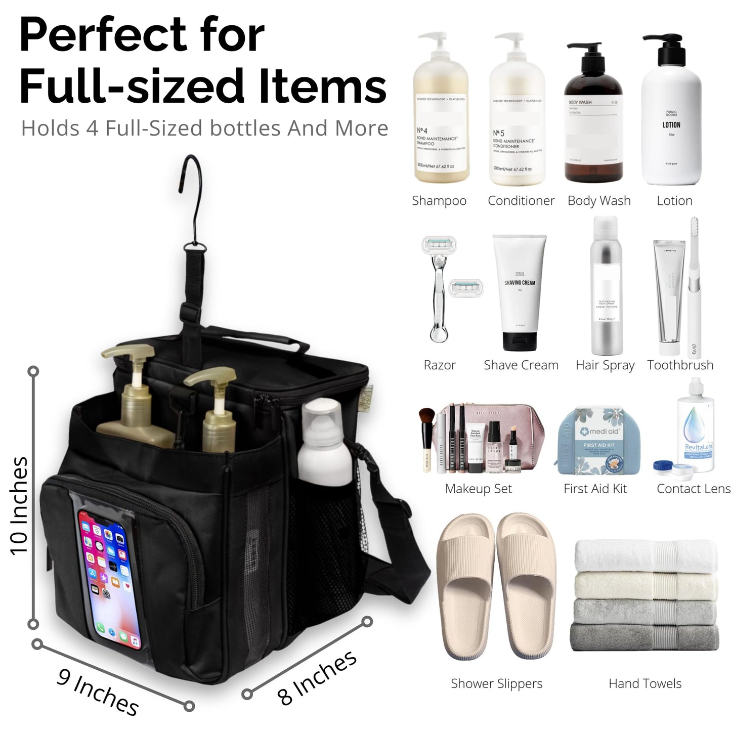 TERRA HOME Portable XL Shower Caddy Bag - College Dorm Room Essentials for Men, Women, Students - Foldable, Water Resistant with Hanging Keychain Hook and Shoulder Strap Shower Organizer Bag (Black)