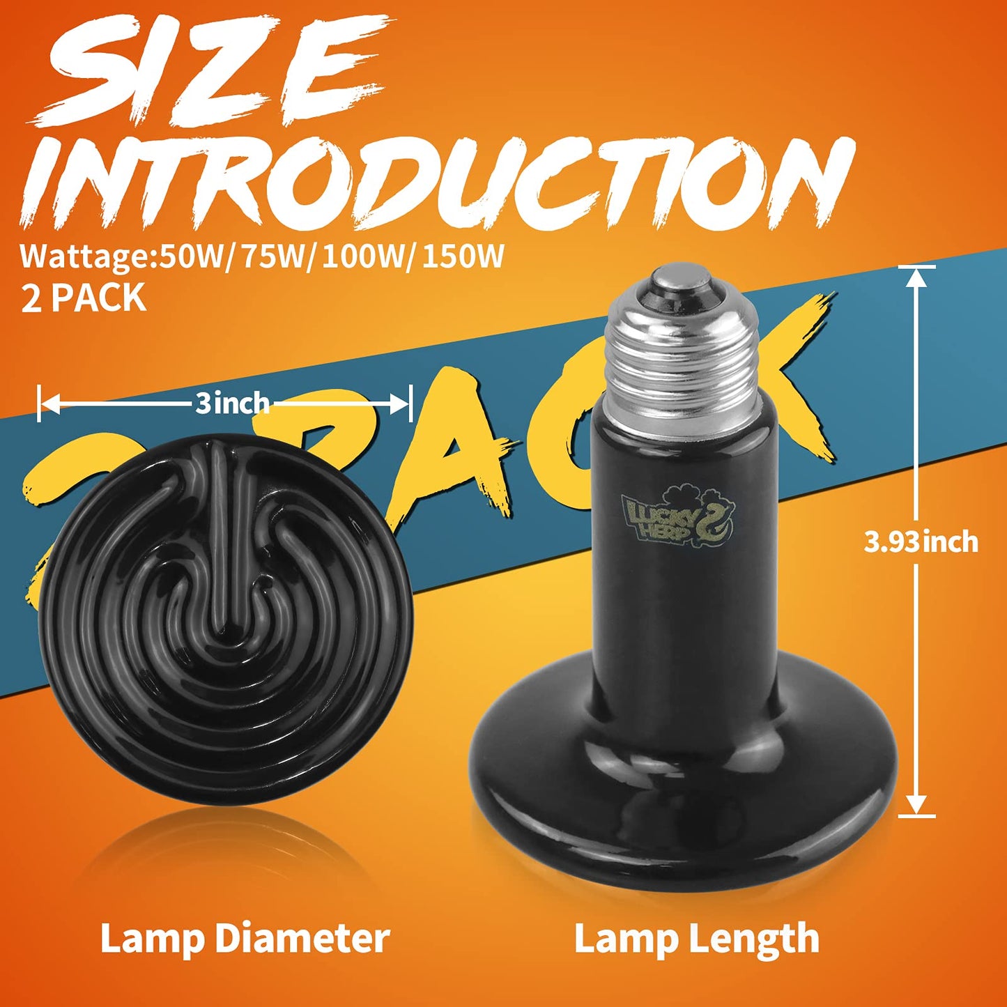 LUCKY HERP 100W Ceramic Heat Emitter, Reptile Heat Bulbs, Ceramic Heat Lamp for Reptiles, Amphibian, Chicken, Dog, Cat (2-Pack)