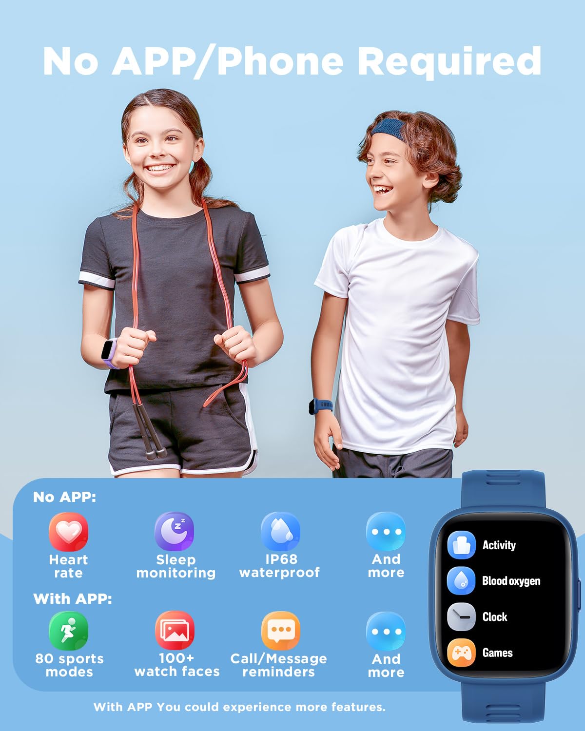 BIGGERFIVE Smart Watch for Kids, 1.8" Fitness Tracker Watch Pedometer, Heart Rate, IP68 Waterproof, Sleep Monitor, Calorie Step Counter, 5 Puzzle Games with/Without APP for Girls Boys Teens 5-16