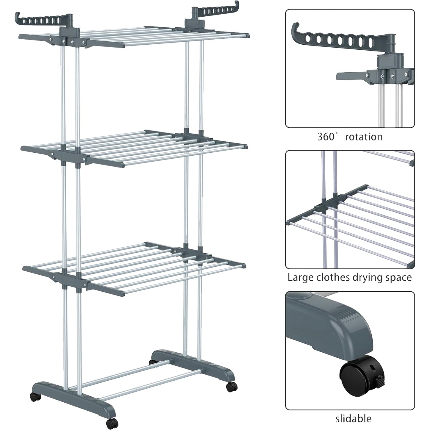NEWBUY Clothes Drying Rack 4-Tier Foldable Laundry Drying Rack Rolling Clothing Hanger Stainless Steel for Indoor Outdoor Use Space-Saving (Grey)