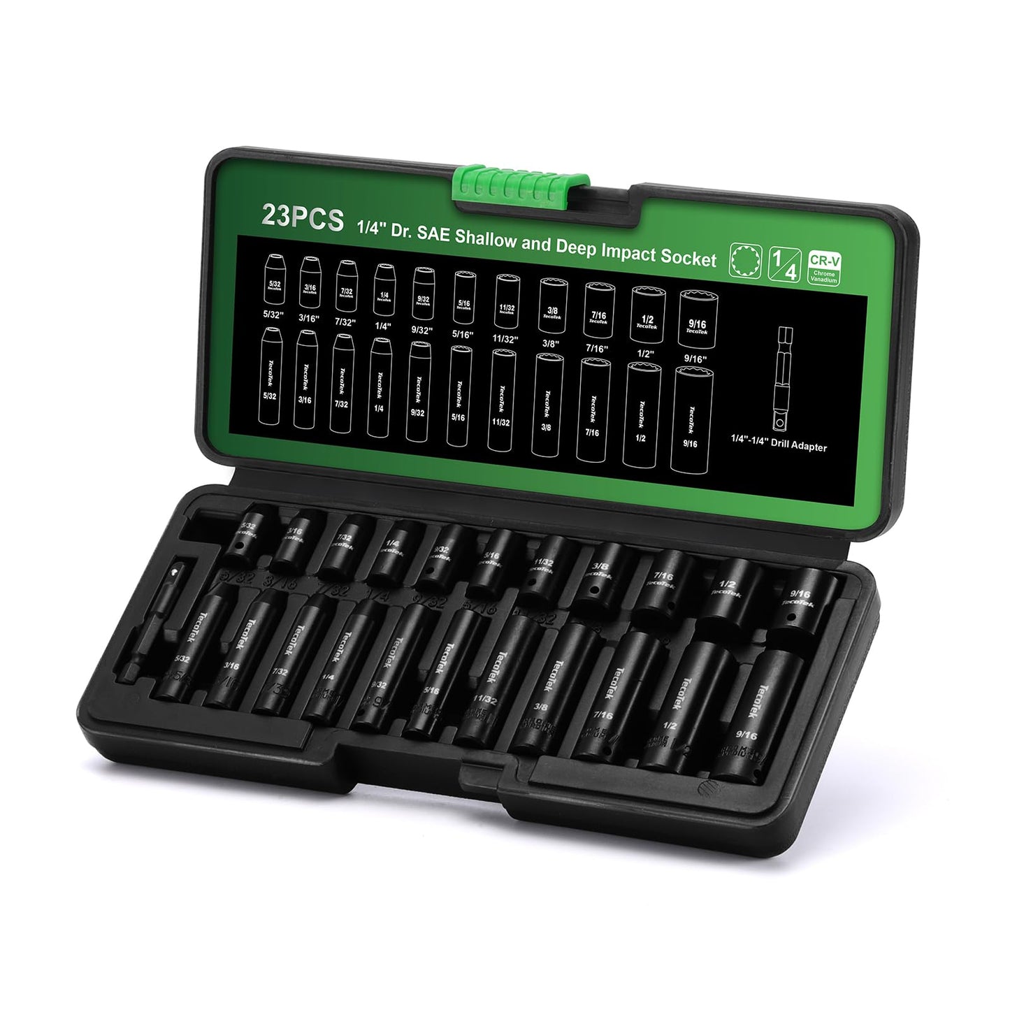 TecoTek 23 Pieces 1/4-Inch Drive Shallow and Deep 12-Point Impact Socket Set, CR-V, 5/32 to 9/16 in, SAE, 1/4"-1/4" Drill Adapter