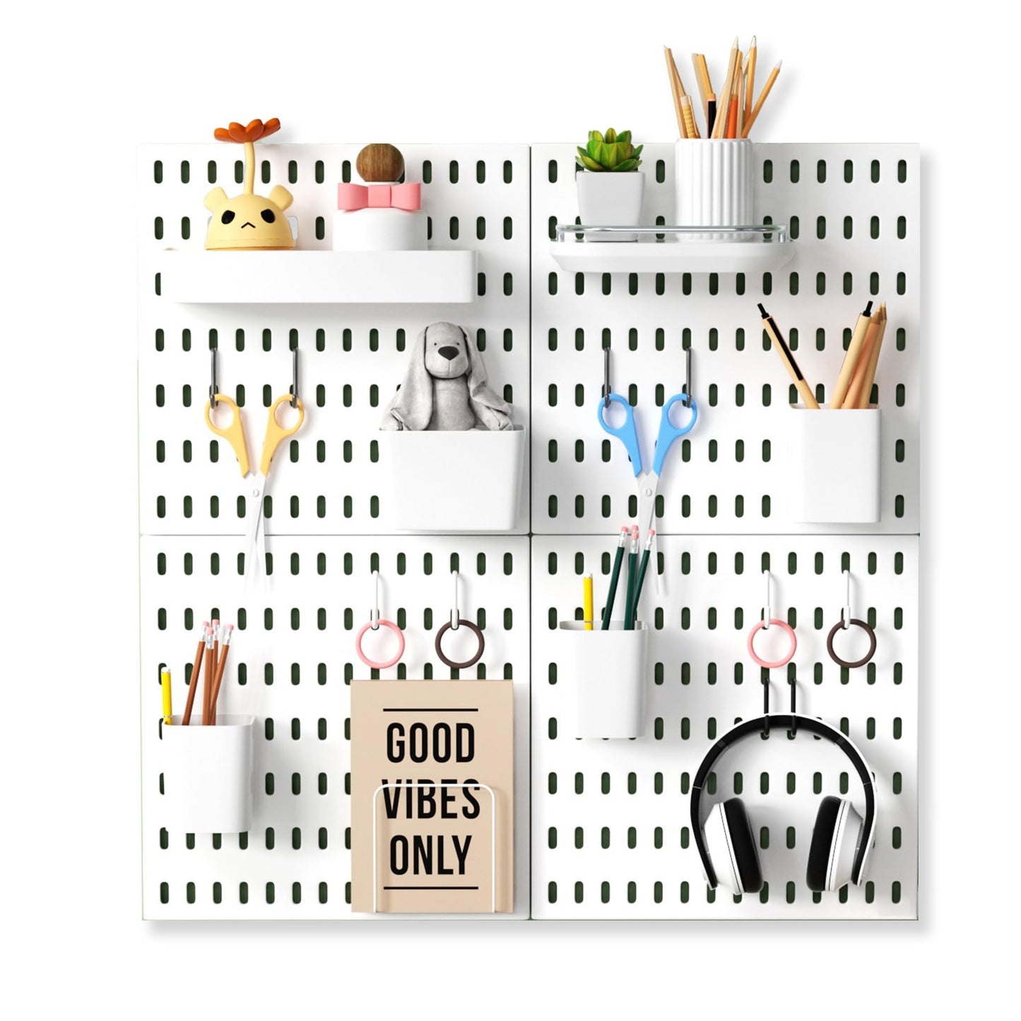 White Plastic Pegboard Organizer Wall Panel, Home Office Kitchen Garage Peg Boards Wall Organizer Panels with Hooks Desk Adhesive Pegboards Rack Accessories Kit Display (4 Boards -12 Accessories)