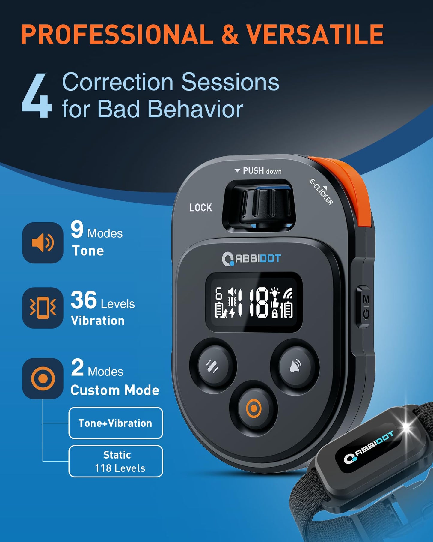 ABBIDOT Shock Collar - 4500ft Dog Training Collar, 4 Customized Modes with 178 Levels, E-clicker, Night Light, Waterproof Rechargeable E Collar for Small Medium Large Dogs
