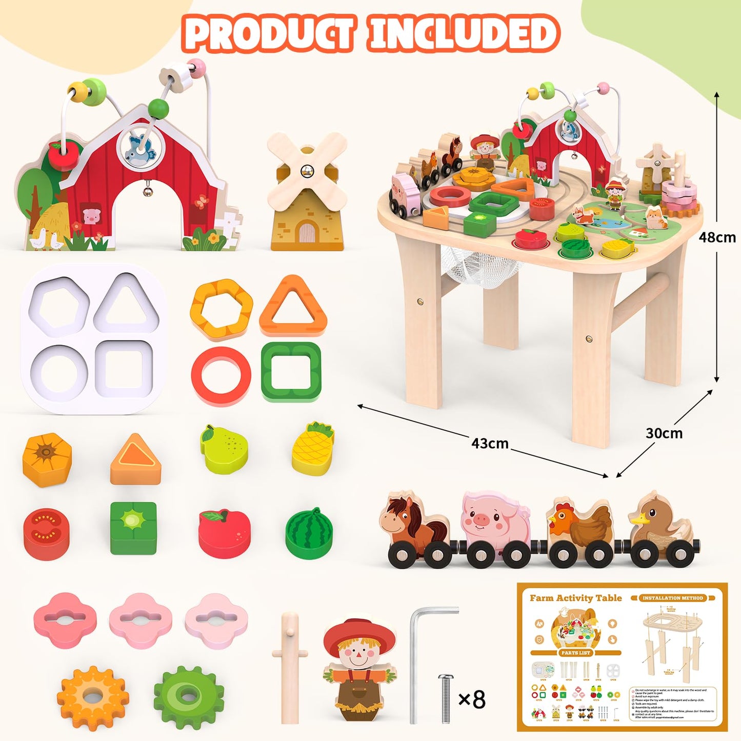 Activity Table for 1 Year Old, Baby Wooden Sensory Table with Bead Maze Shape Sorter Train Track for Toddler, Farm Montessori Toy Activity Center, Educational Learning Toy for Kid 12+ Months (Natural)