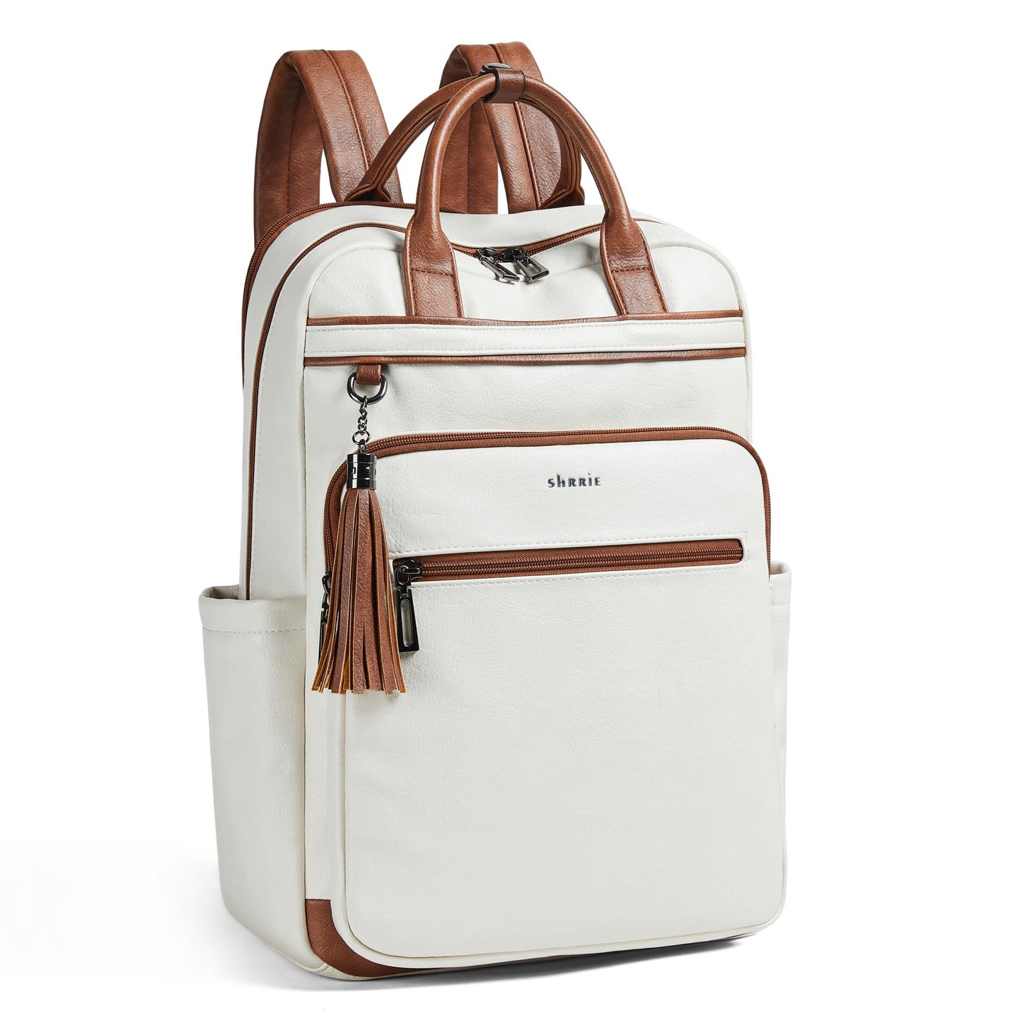 Shrrie Laptop Backpack for Women 15.6 inch Travel Leather Backpack Purse Work Compute1r Backpacks for Business College Beige