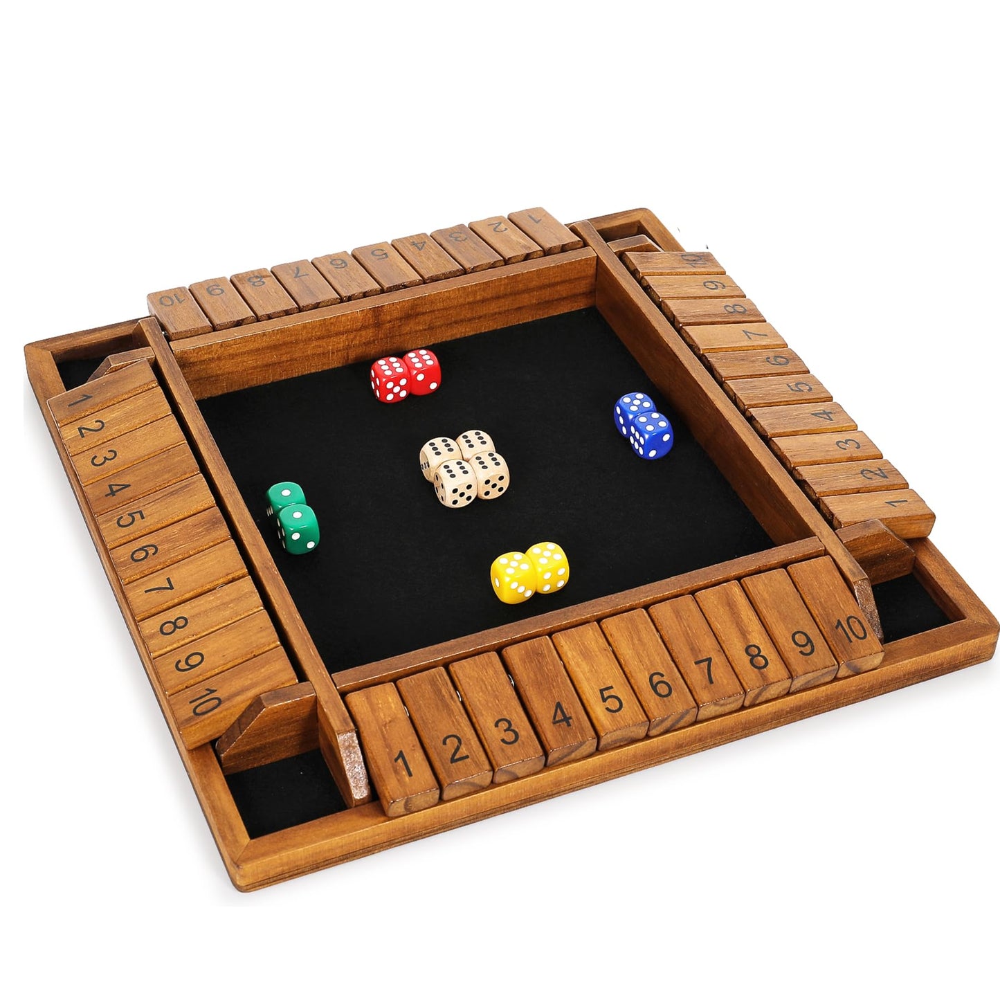 VAMSLOVE 12 inches Shut The Box Dice Game Wooden Board for 2-4 Player, 4 Sided 10 Numbers Math Games with 8+4 Dices Close The Box for Kids Adults(Instructions Included)