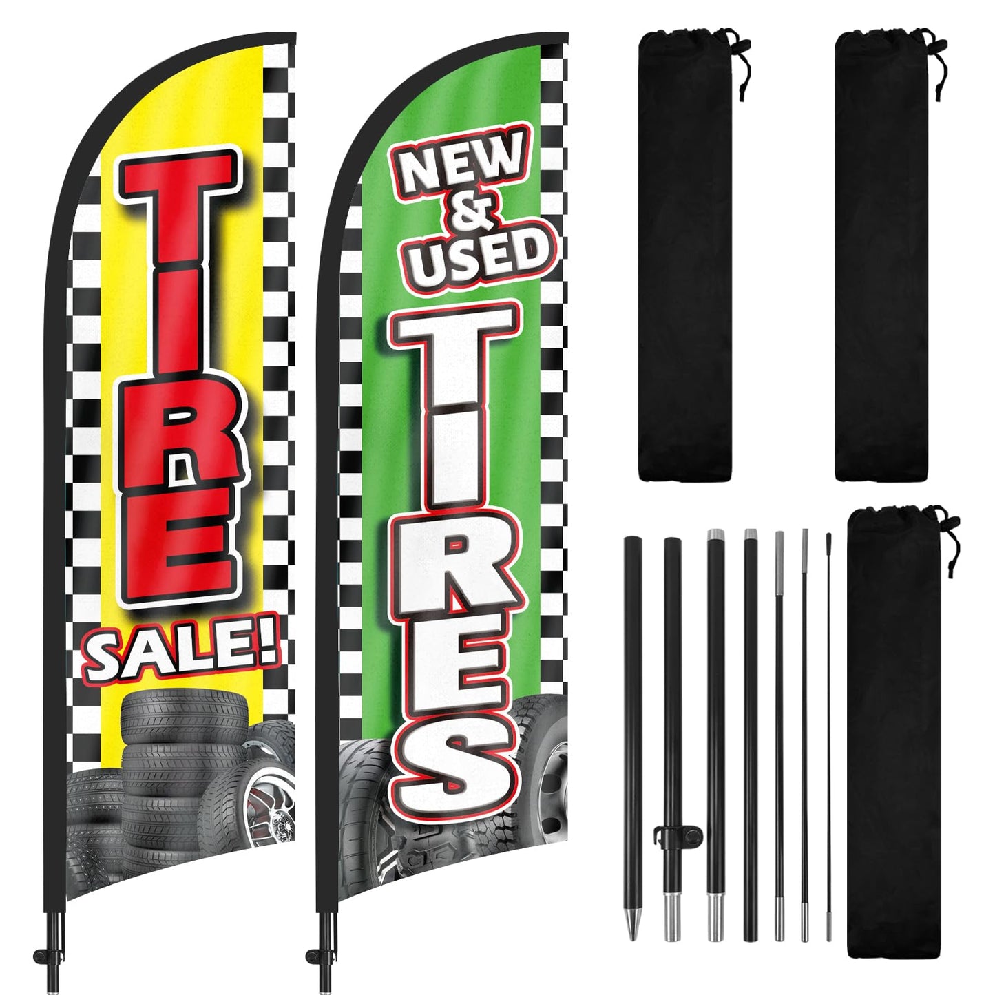 Tire Sale Swooper Flags, New&Used Tires Sale Advertising Swooper Flag Banners, New Used Tires Feather Flags with Pole and Ground Stake, 8FT Advertising Feather Banners Sign for New Used Tires Sale