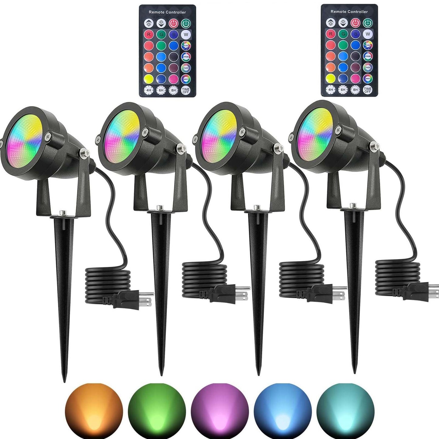 Halloween RGB Spot Lights with Timer, 10W 120V Color Changing Outdoor Metal Case Landscape SpotLights IP65 Waterproof Spotlight with Stake Stand for Yard Garden Lawn Patio, 4 Lights