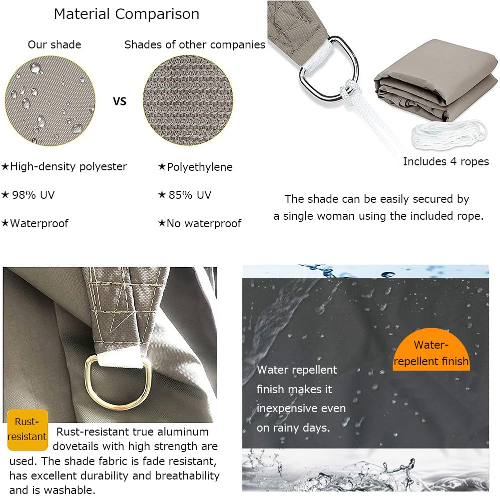 10ft×10ft Sun Shade Sail, Outdoor Rectangle Sun Sail Shade with 4 Ropes, Pergola Canopy, 95% UV Block, for Patio, Garden, Backyard, Lawn and Swimming Pool (10' x 10', Grey)