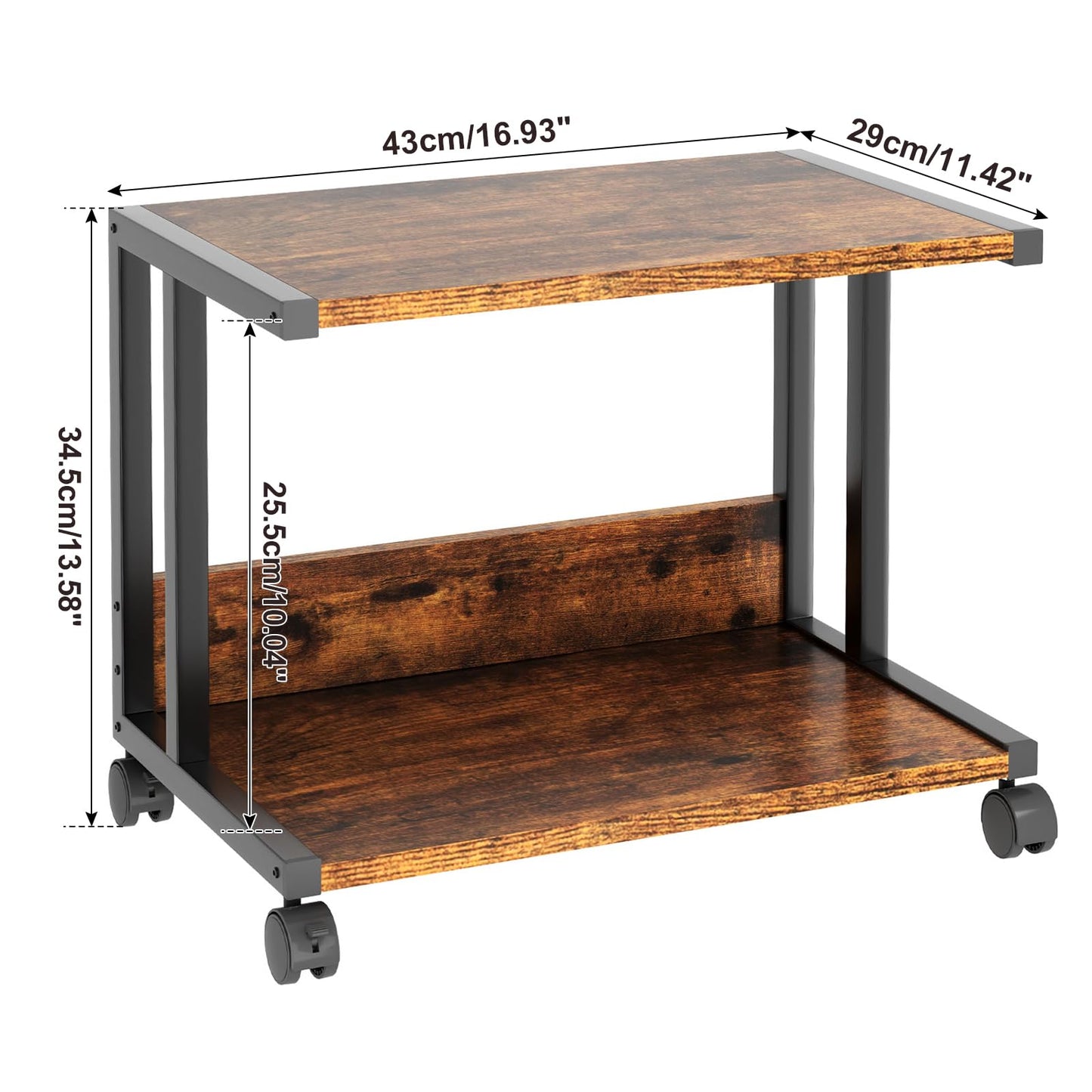 IBUYKE Under Desk Printer Stand,2 Tier Printer Cart,Mobile Home Desktop Organizer Shelf with 4 Wheels,for Fax, Home Office Use,Rustic Brown TLJ007H