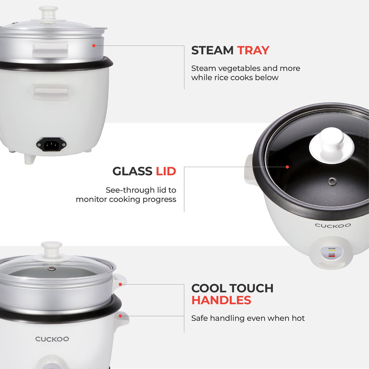 CUCKOO One Touch Rice Cooker 6-Cup (Uncooked) / 12-Cup (Cooked), Small Rice Cooker & Warmer with Steamer Tray, Versatile Grain Cooker, Soup Maker, Auto Keep Warm, White (CR-0601C)