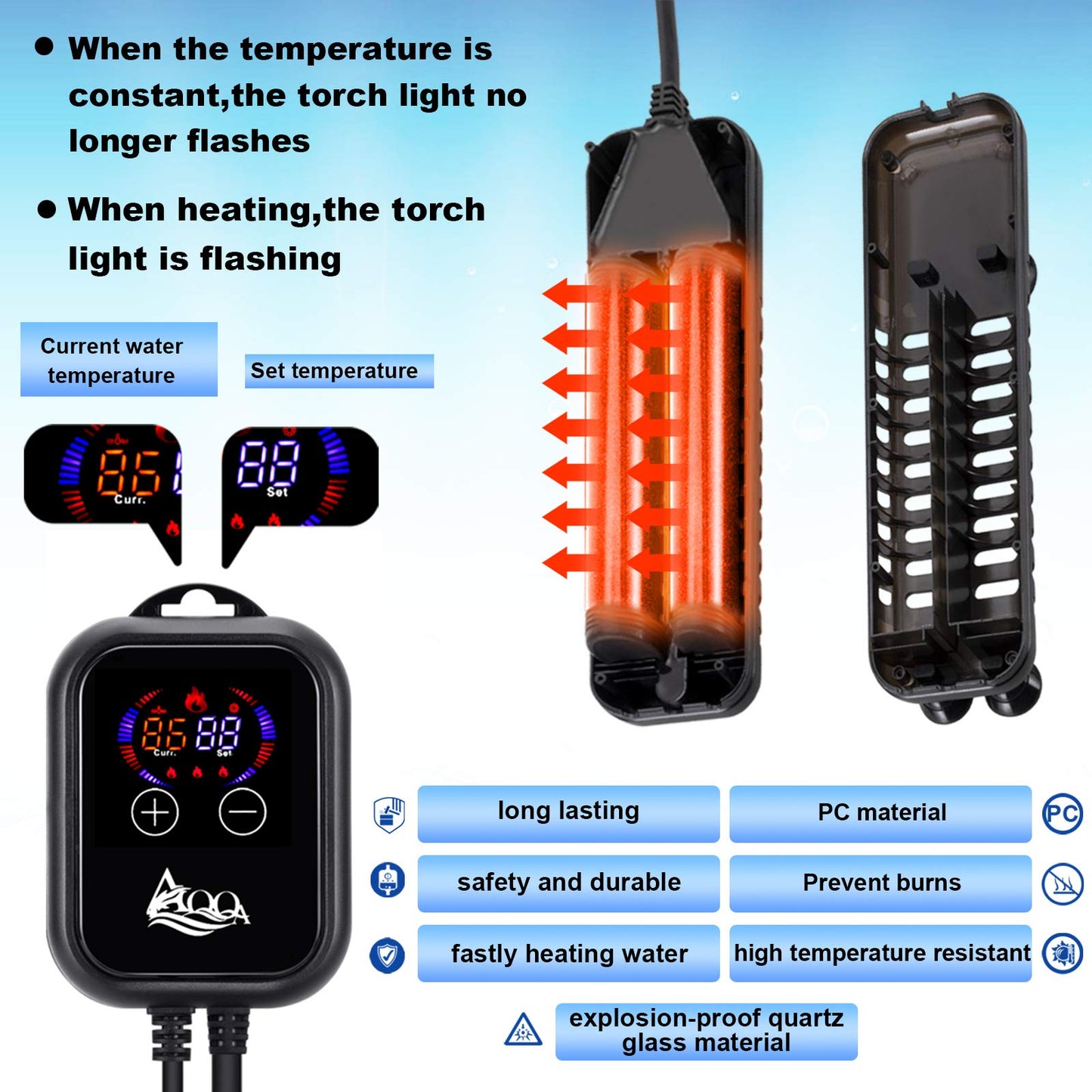 AQQA Submersible Aquarium Heater,100W/200W/300W/500W/800W/1200W Fish Tank Heater,External Temperature Controller LED Temperature Display with 2 Suction Cups Suitable for Marine Saltwater Freshwater