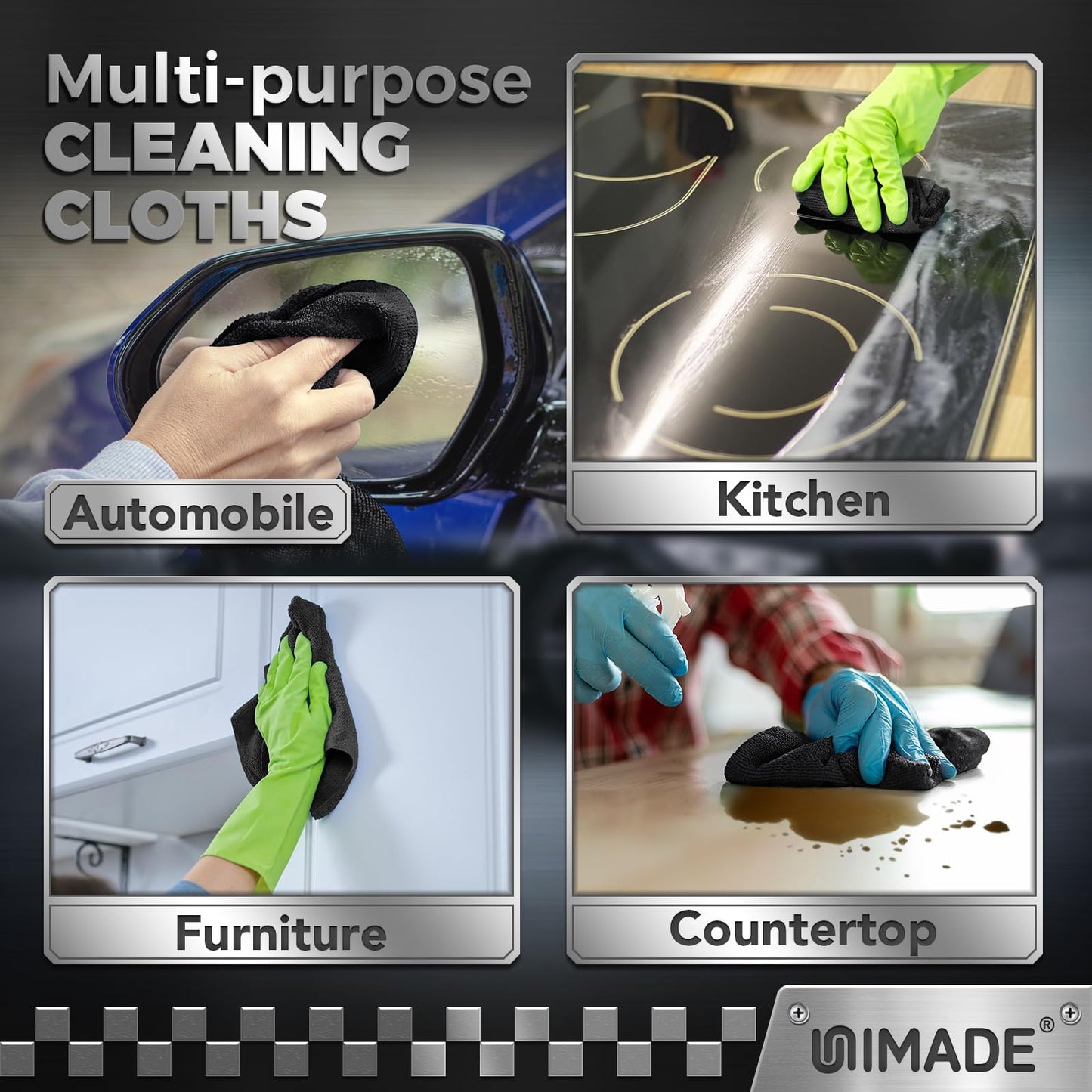 UNIMADE Microfiber Cleaning Cloth, 200 Pack Microfiber Towels for Cars Reusable Shop Rags Bulk Lint Free Cleaning Towels for Car Kitchen Automotive Bar Mechanic Restaurant Garage, 11.5"x 11.5", Black