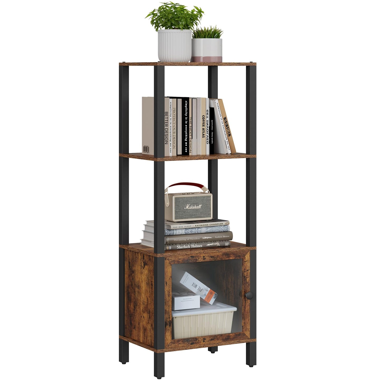 TUTOTAK 4 Tier Bookcase and Bookshelf, Narrow Book shelf with Door for Small Space, for Living Room, Office, Study, Entryway, Brown BS03BB004