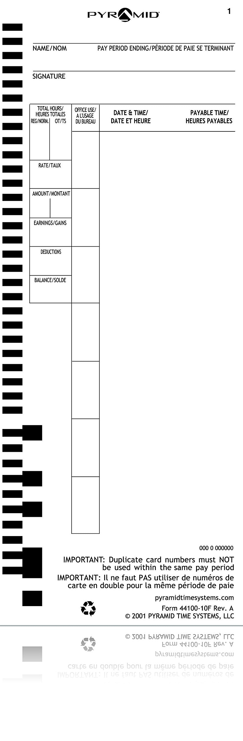Pyramid Time Systems - Genuine and Authentic English and French Time Cards (44100-10F) for Pyramid Models 4000, 4000HD, 4000pro, 5000 and 5000HD Time Clocks - 100 Time Cards