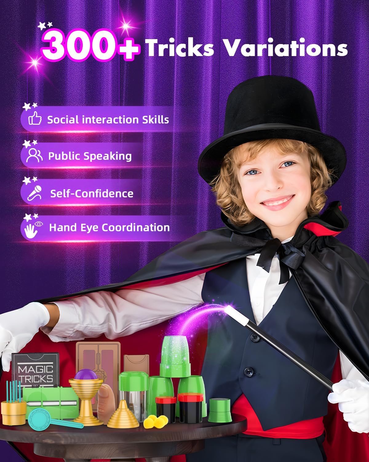 AEROQUEST Magic Kit, Magician Set with 300+ Tricks, Wand, Instruction Manual and Video for Beginners, Ideal for Kids, Boys, Girls of 6 7 8 9 10 11 12 Years Old (Magic 300+ Kit)