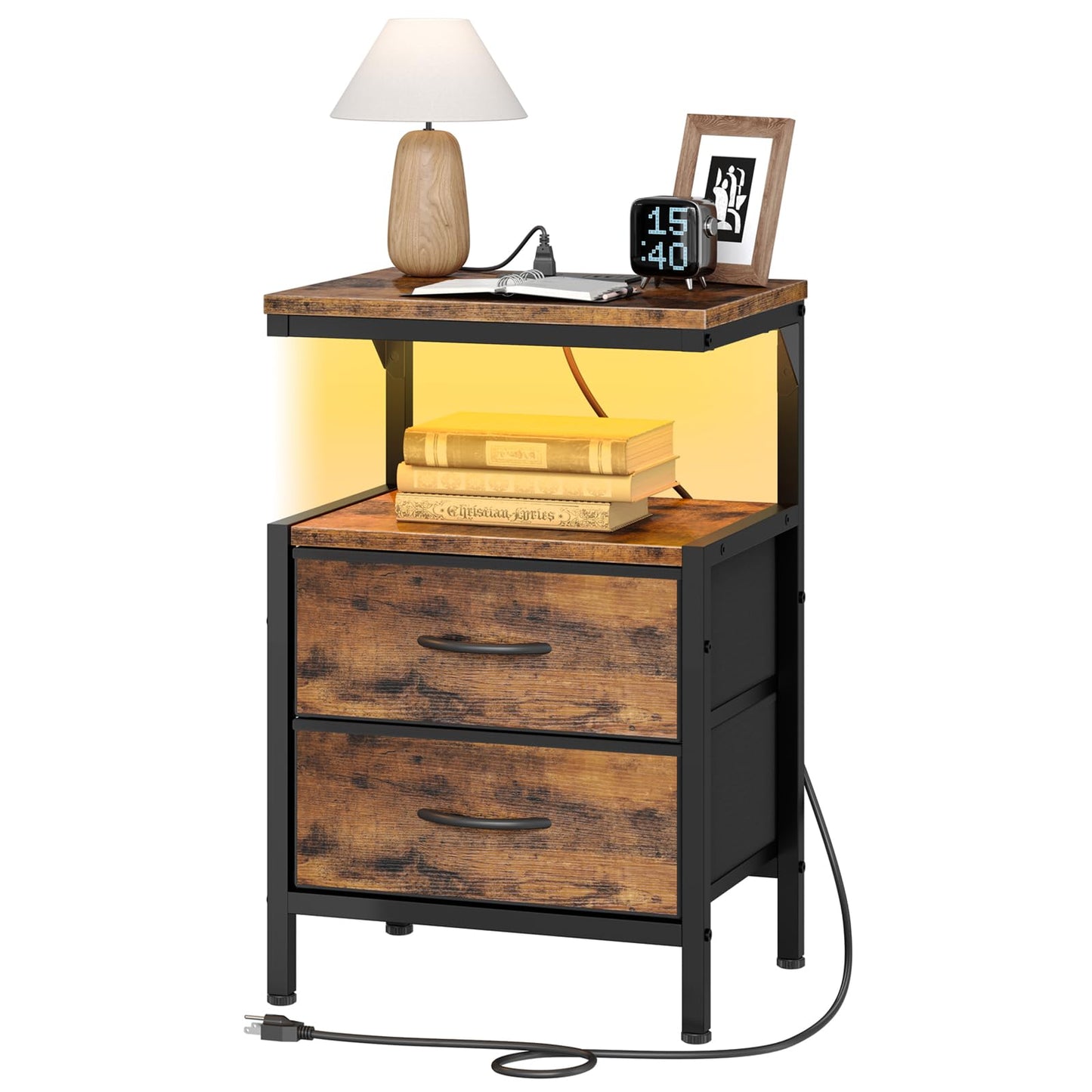 HOOBRO Nightstand with Charging Station, Bedside Table with LED Light, End Table with 2 Fabric Drawers and Open Storage, 1 Outlet and 2 USB Ports, for Bedroom, Rustic Brown BF210UDBZ01
